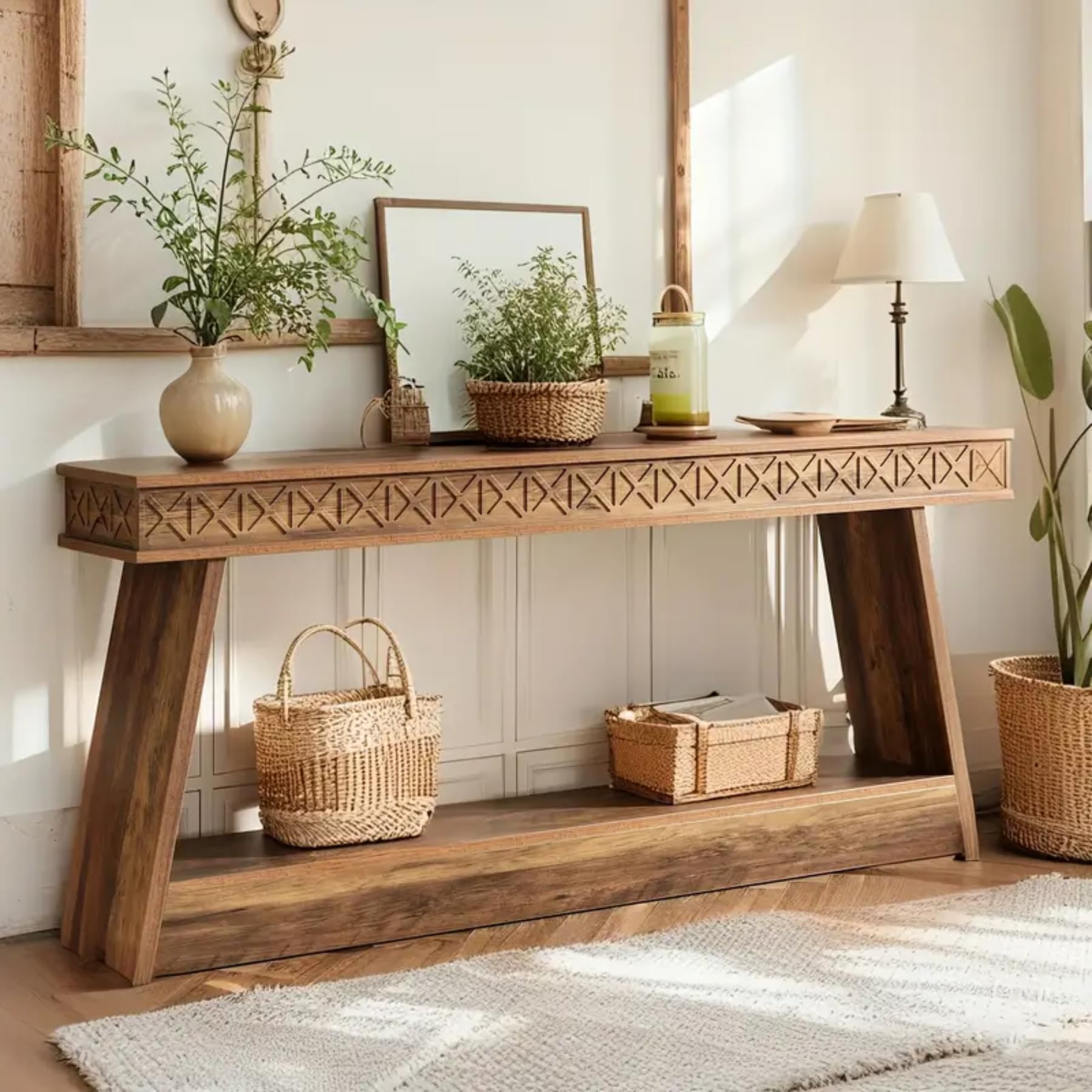 71" Farmhouse Console Table, Extra Long 2-Tier Entryway Table with Storage, Narrow Sofa Table for Living Room, Hallway, Foyer, Rustic Brown