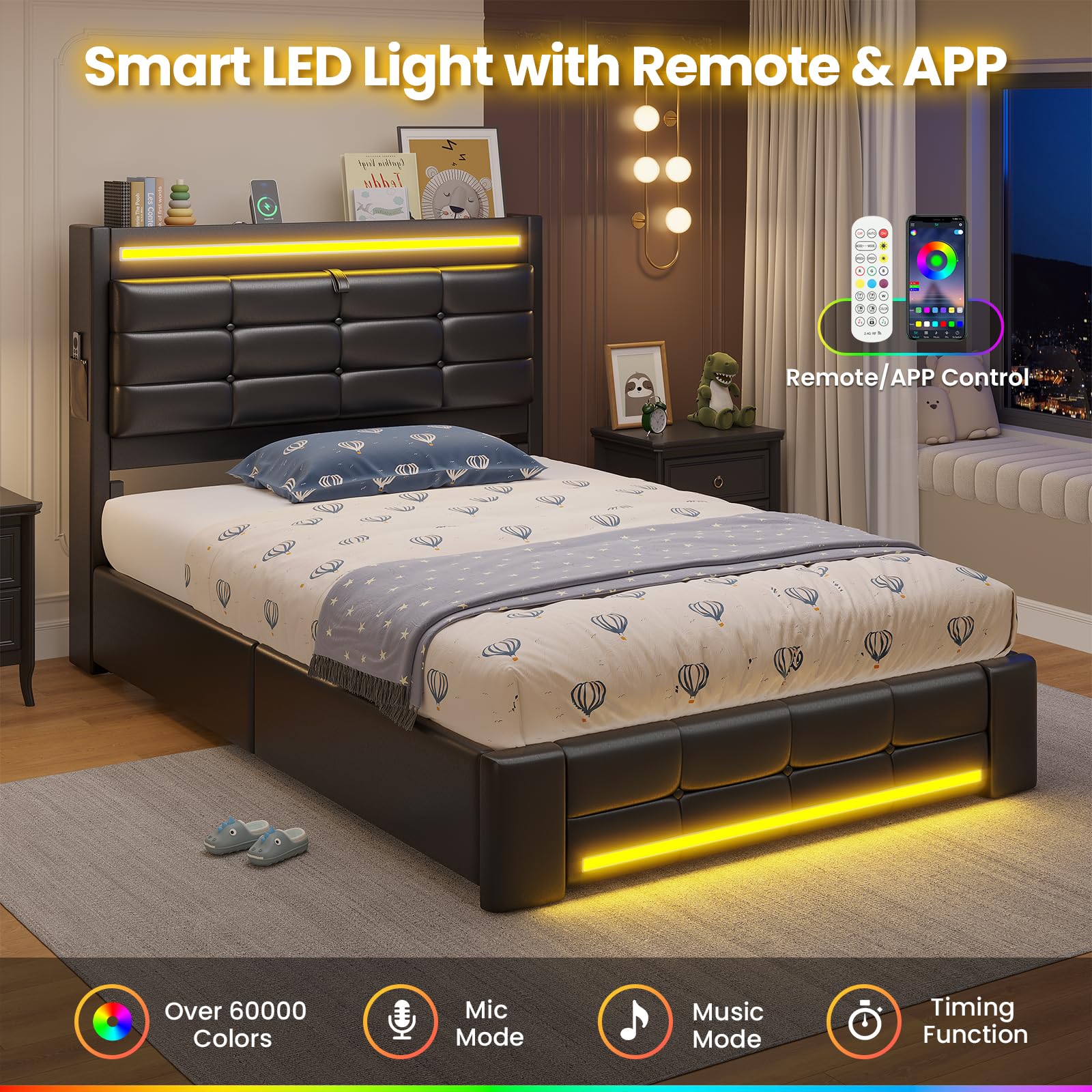 Twin Upholstered Bed Frame with LED Headboard, 4 Storage Drawers, Charging Station, PU Leather Platform Bed for Kids – Black