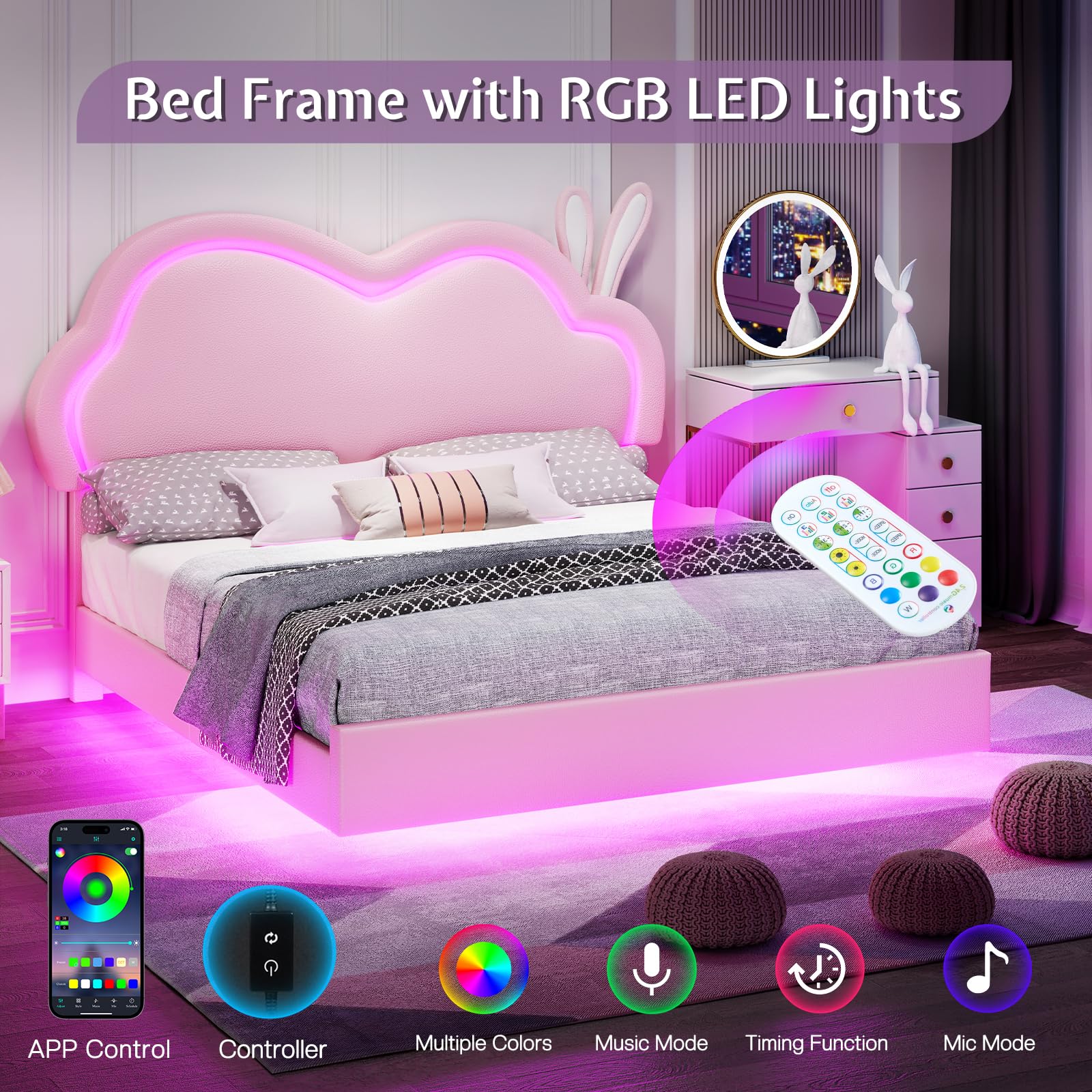 LED Full Bed Frame for Girls Upholstered Floating Bed with Cute Cloud Headboard, No Box Spring Needed, Leather, Pink