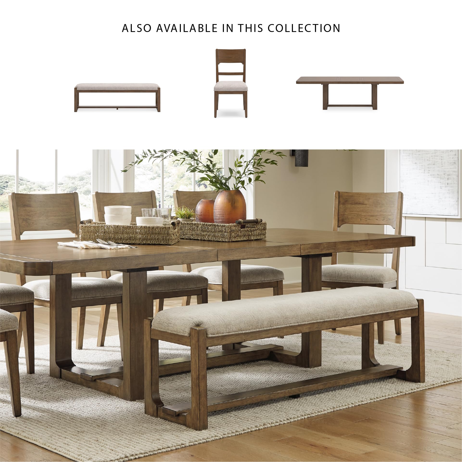 Cabalynn Farmhouse Upholstered 63" Dining Bench, Beige & Light Brown