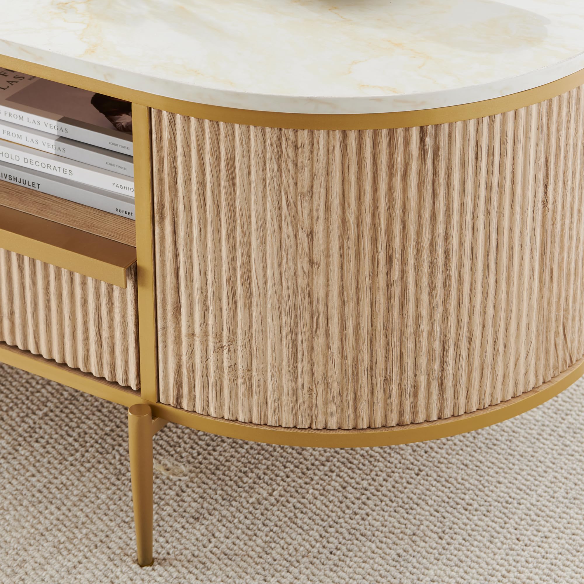 8" Modern Luxury Fluted Oval Coffee Table with Drawer, Faux Marble Top, Gold Metal Accent, Center Table for Living Room, Natural Oak