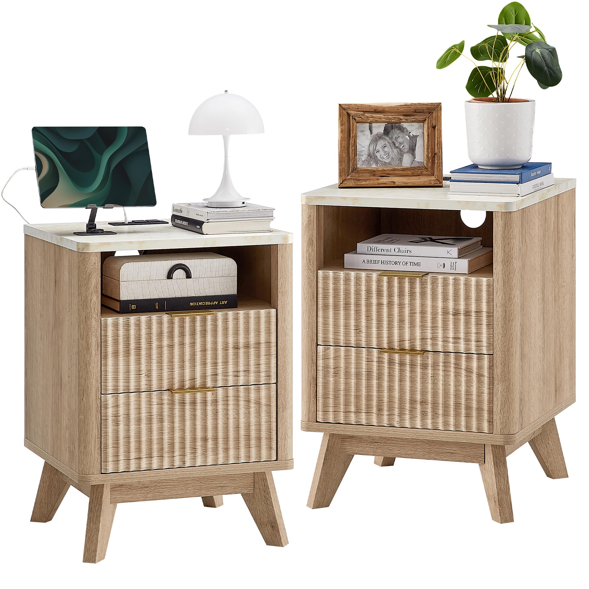 Set of 2 Fluted Nightstands with Charging Station, 18" Side Table with Faux Marble Top, 2-Drawer Bedside Table, Natural Oak Finish