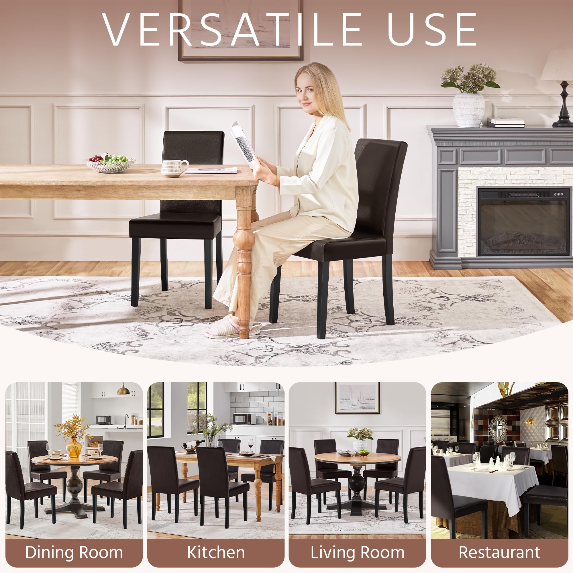 Dining Chairs Set of 4 PU Leather Dining Room Chairs with Waterproof Surface and Wood Legs for Kitchen Restaurant and Living Room, Dark Brown