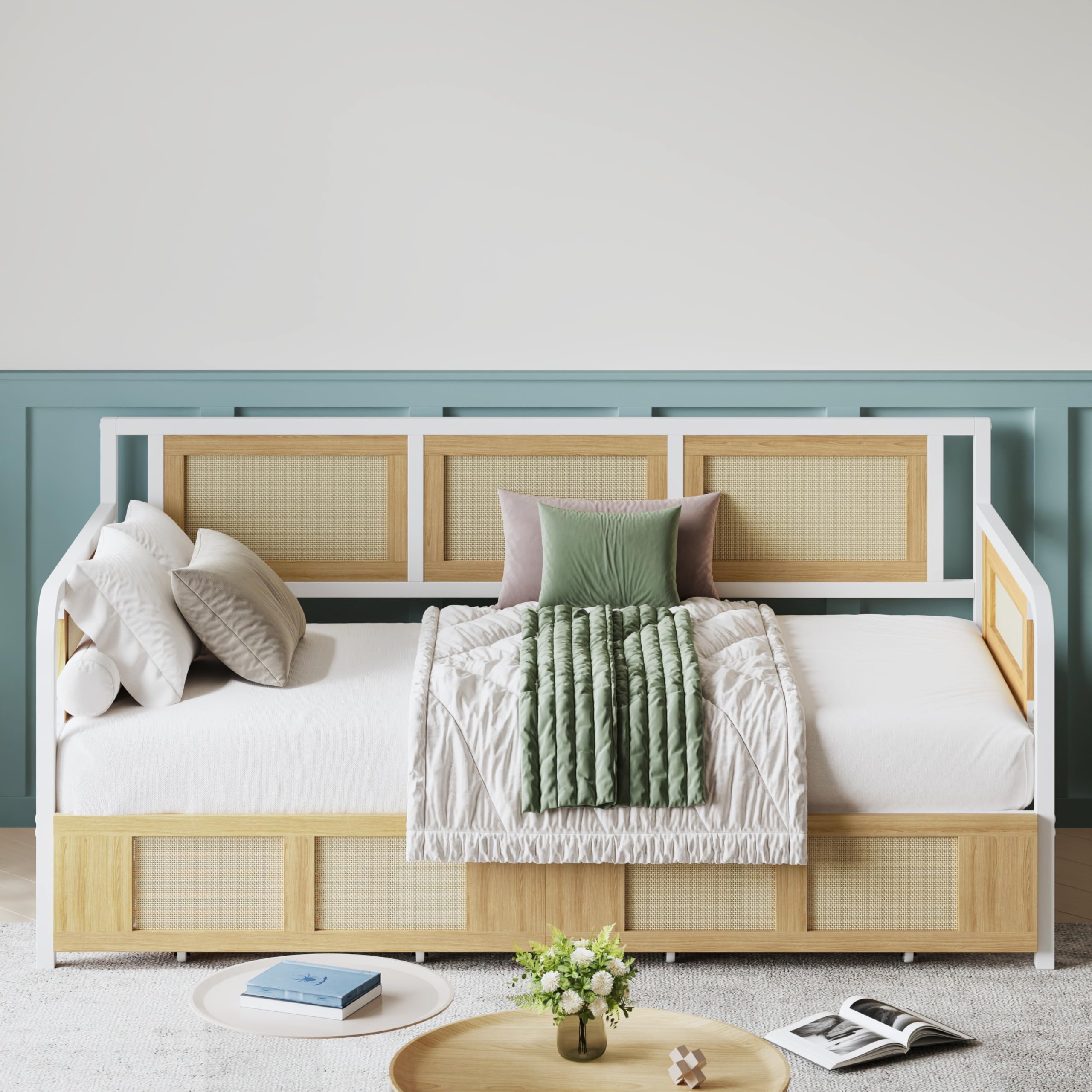 Twin Daybed with Storage Drawers, Rattan Style Corner Bed Frame with Strong Supports for Bedroom, Living Room, Guest Room