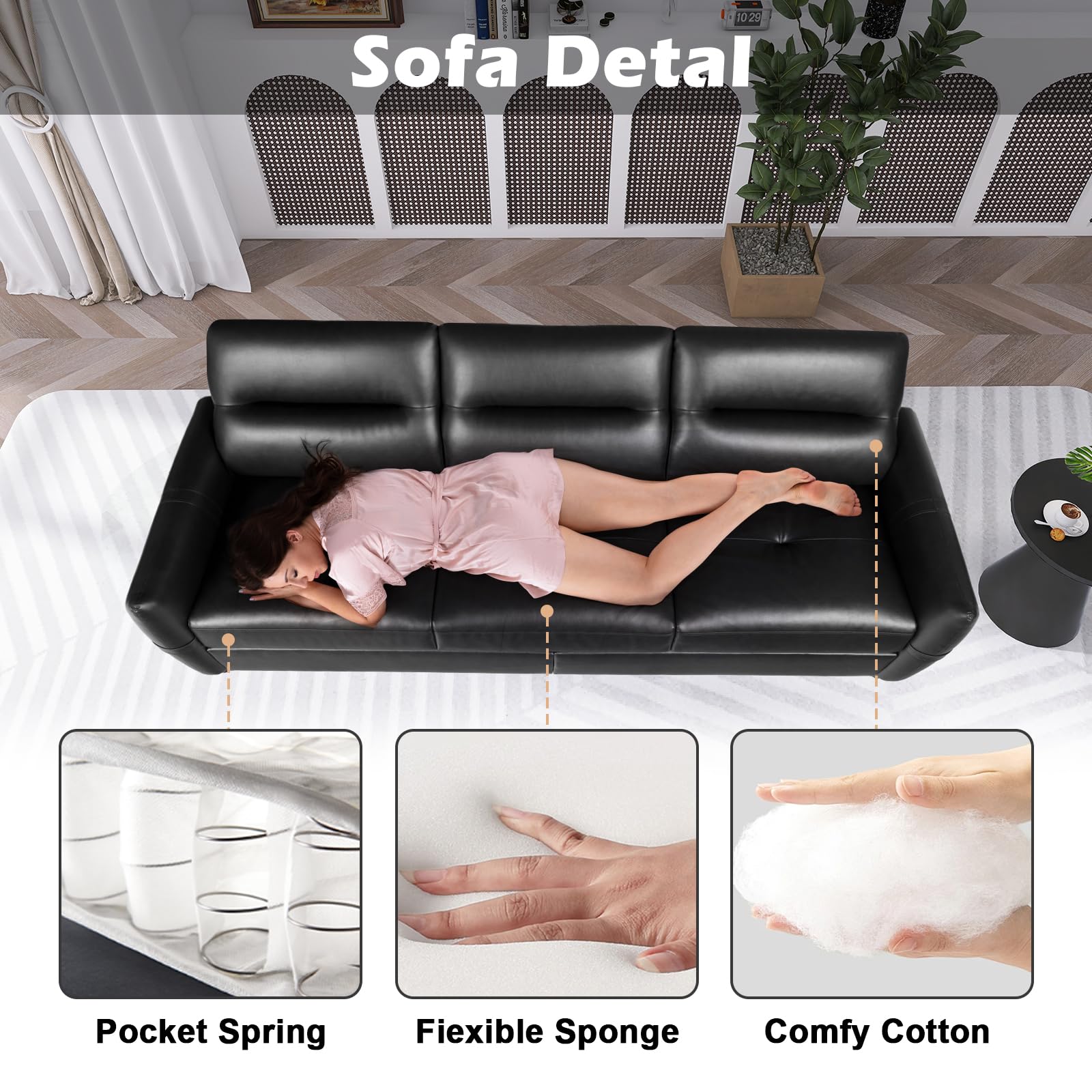 85” Black Faux Leather Couch with USB, 3 Seater Sofa Couches for Living Room, Large Mid Century Modern Office Apartment Couch (Black)
