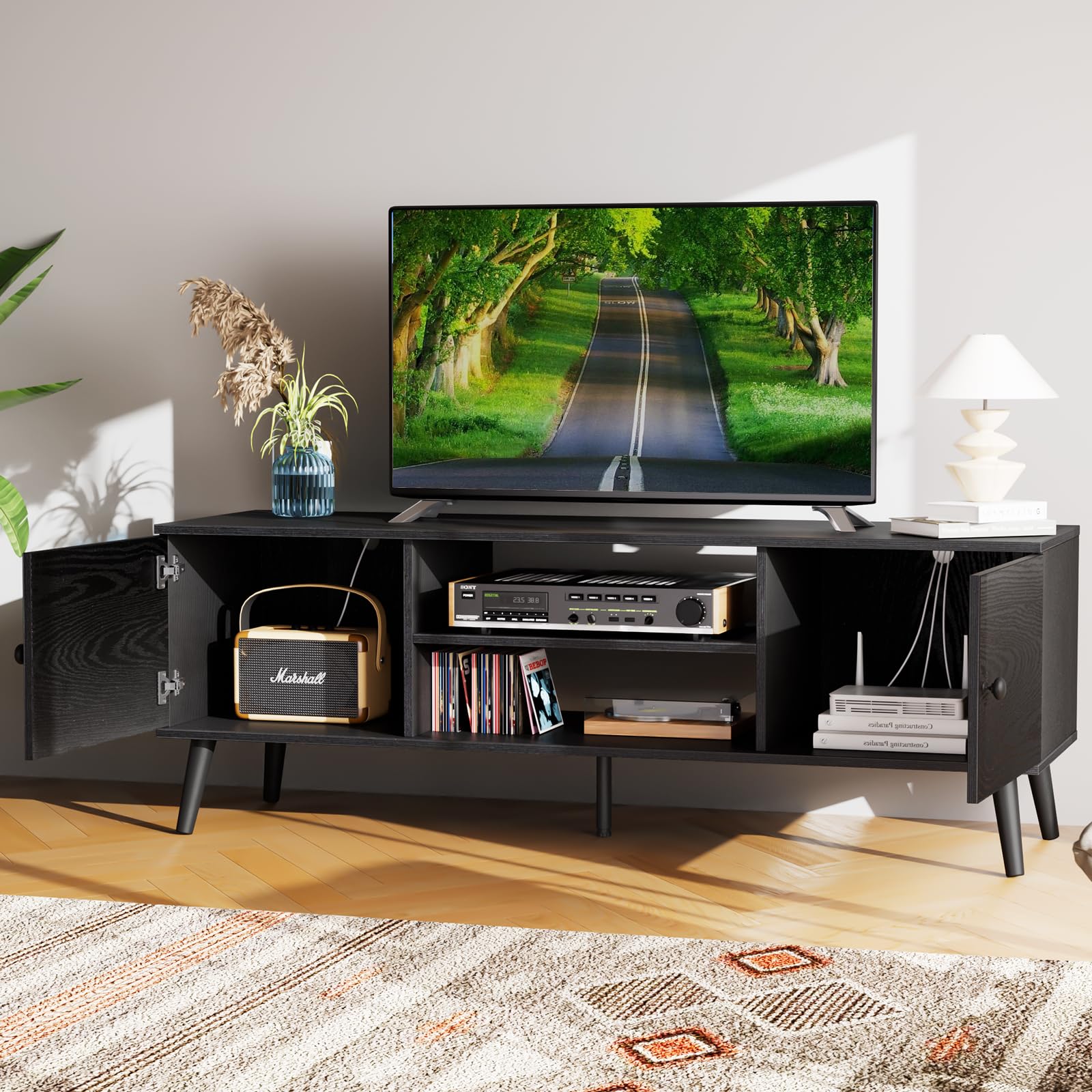 TV Stand for TVs up to 55", Entertainment Center with Open Storage Shelves & Soundbar Shelf, Media Console Table for Living Room, Rustic Brown
