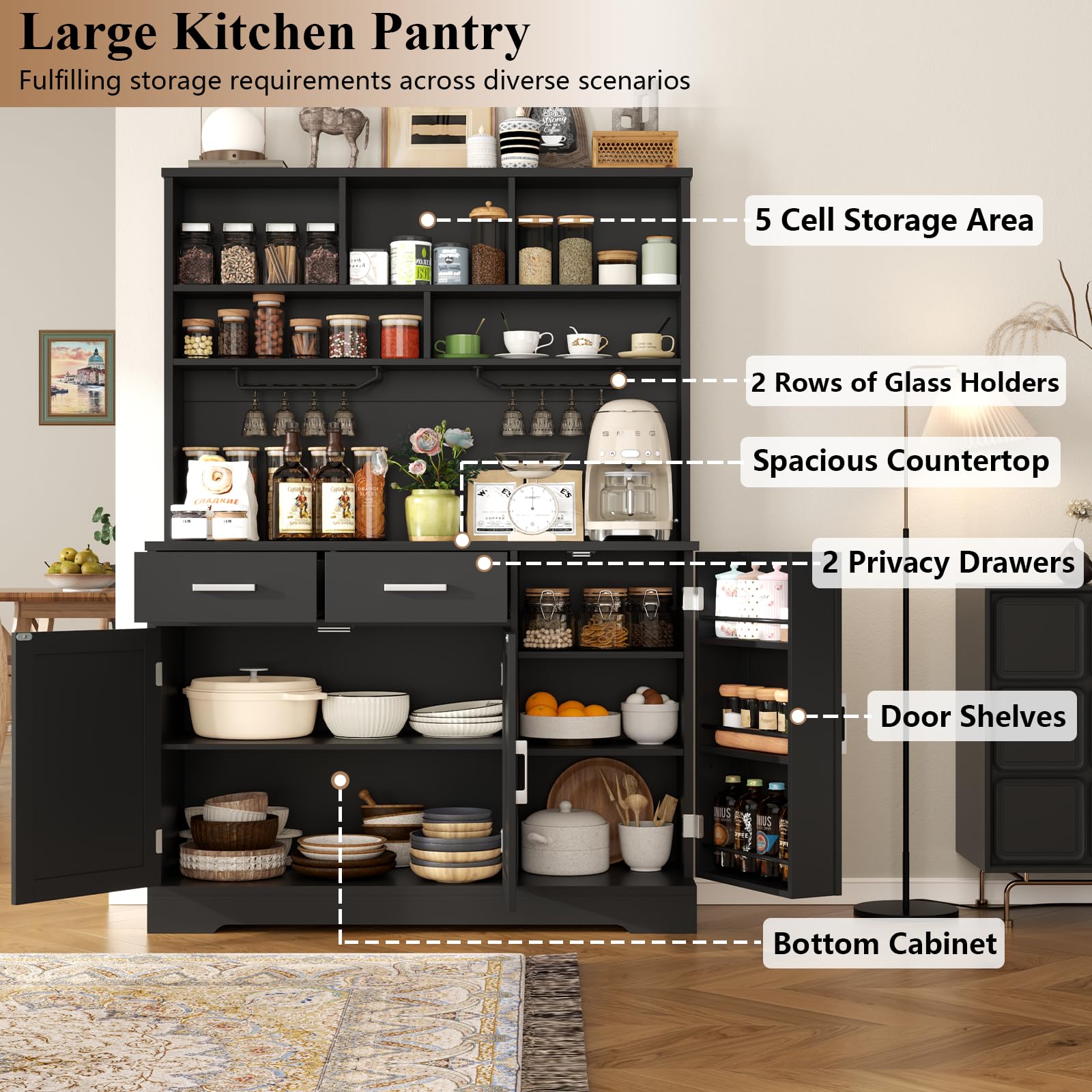 Pantry Storage Cabinet with 2 Drawers, Tall Kitchen Hutch Cabinet with Microwave Shelf, Modern Buffet Cabinets with Goblet Holders, Food