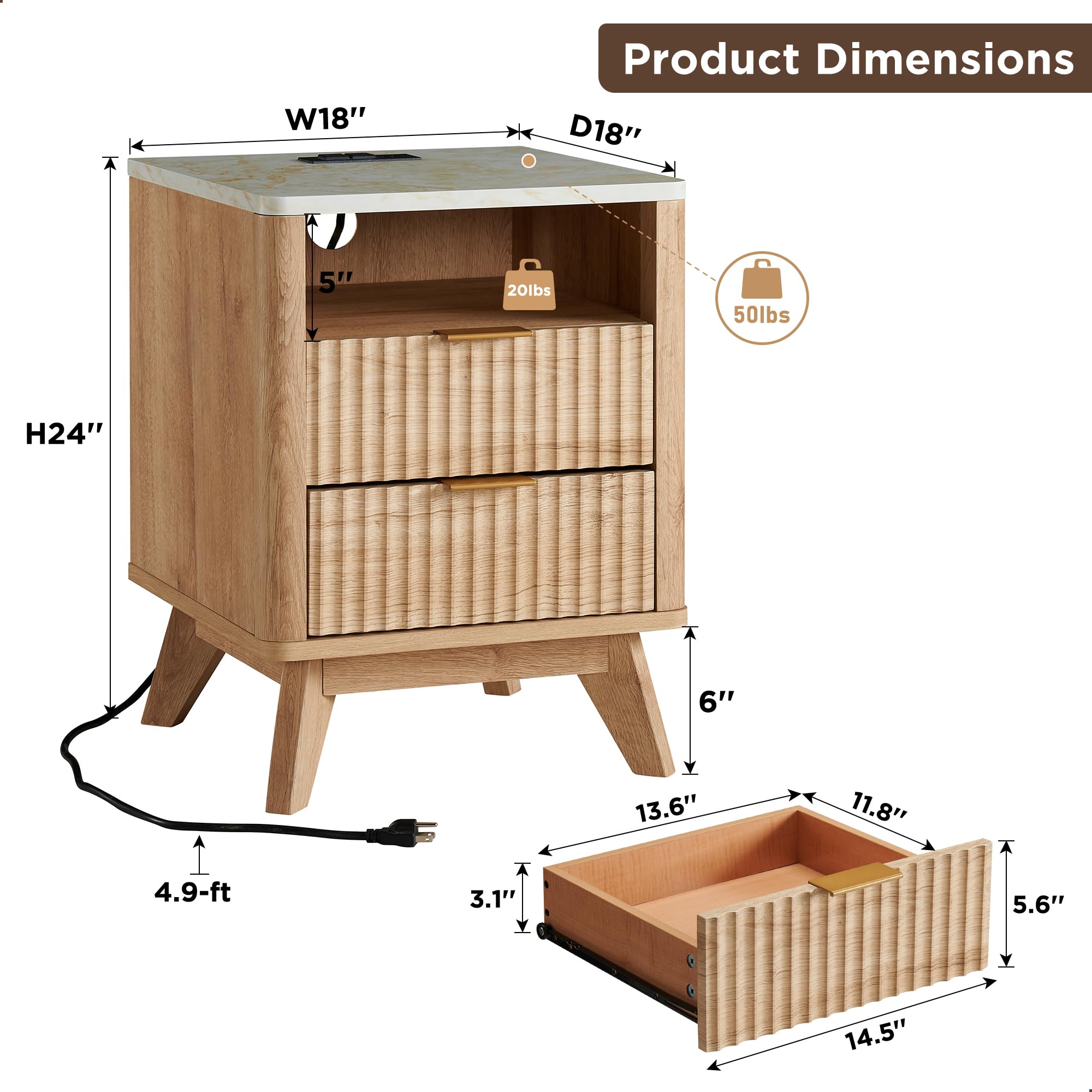 Set of 2 Fluted Nightstands with Charging Station, 18" Side Table with Faux Marble Top, 2-Drawer Bedside Table, Natural Oak Finish