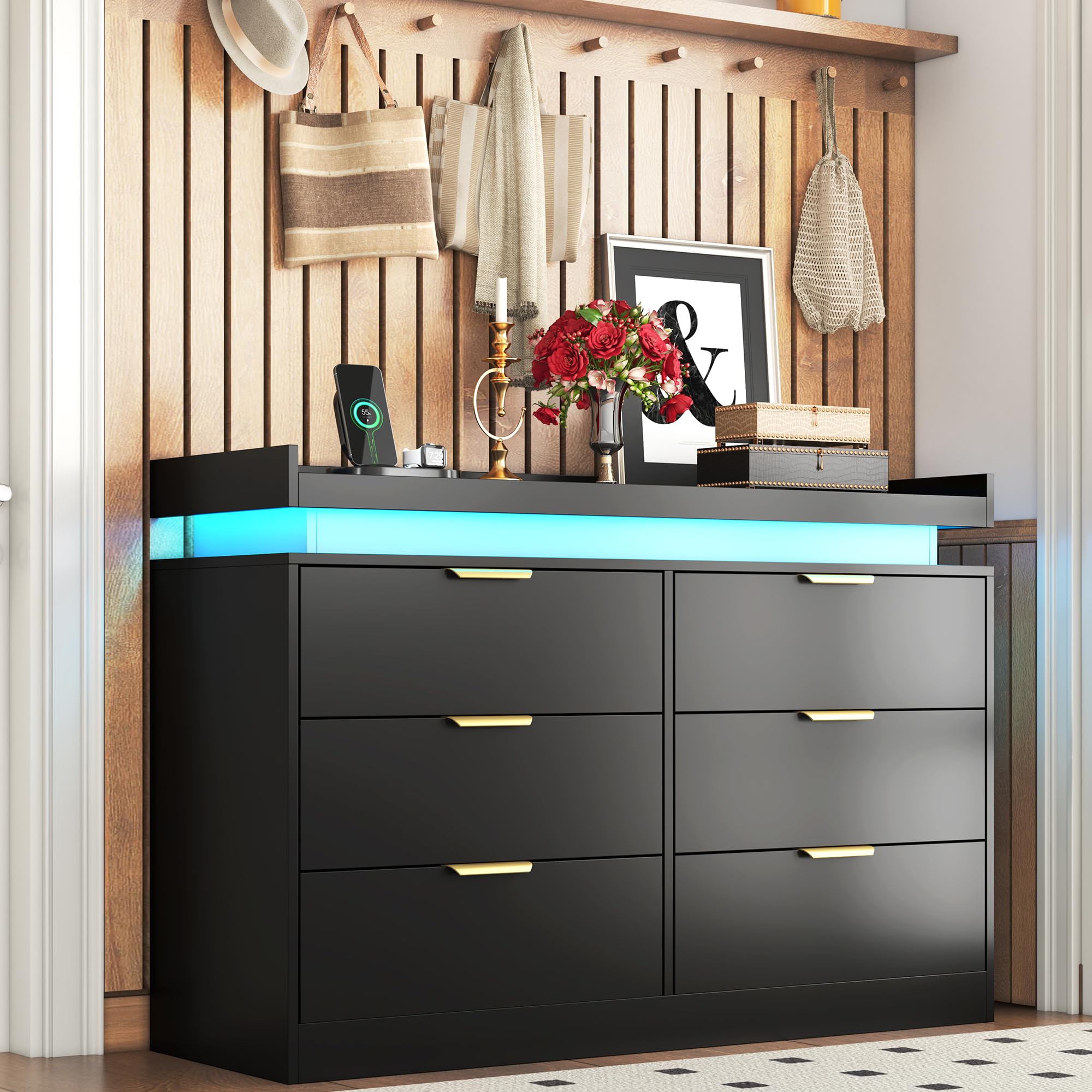 6-Drawer Black Dresser with LED Lights & Power Outlet, Modern Chest of Drawers for Bedroom, Closet, Living Room, Entryway, Hallway