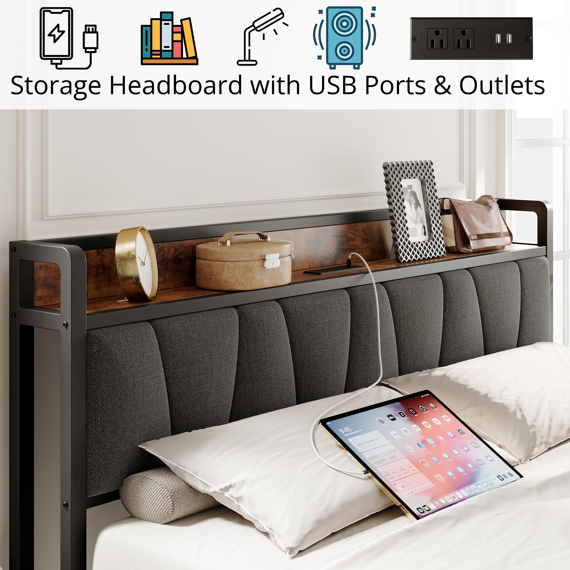 Queen Bed Frame, Storage Headboard with Charging Station, Solid and Stable, Noise Free, No Box Spring Needed, Easy Assembly