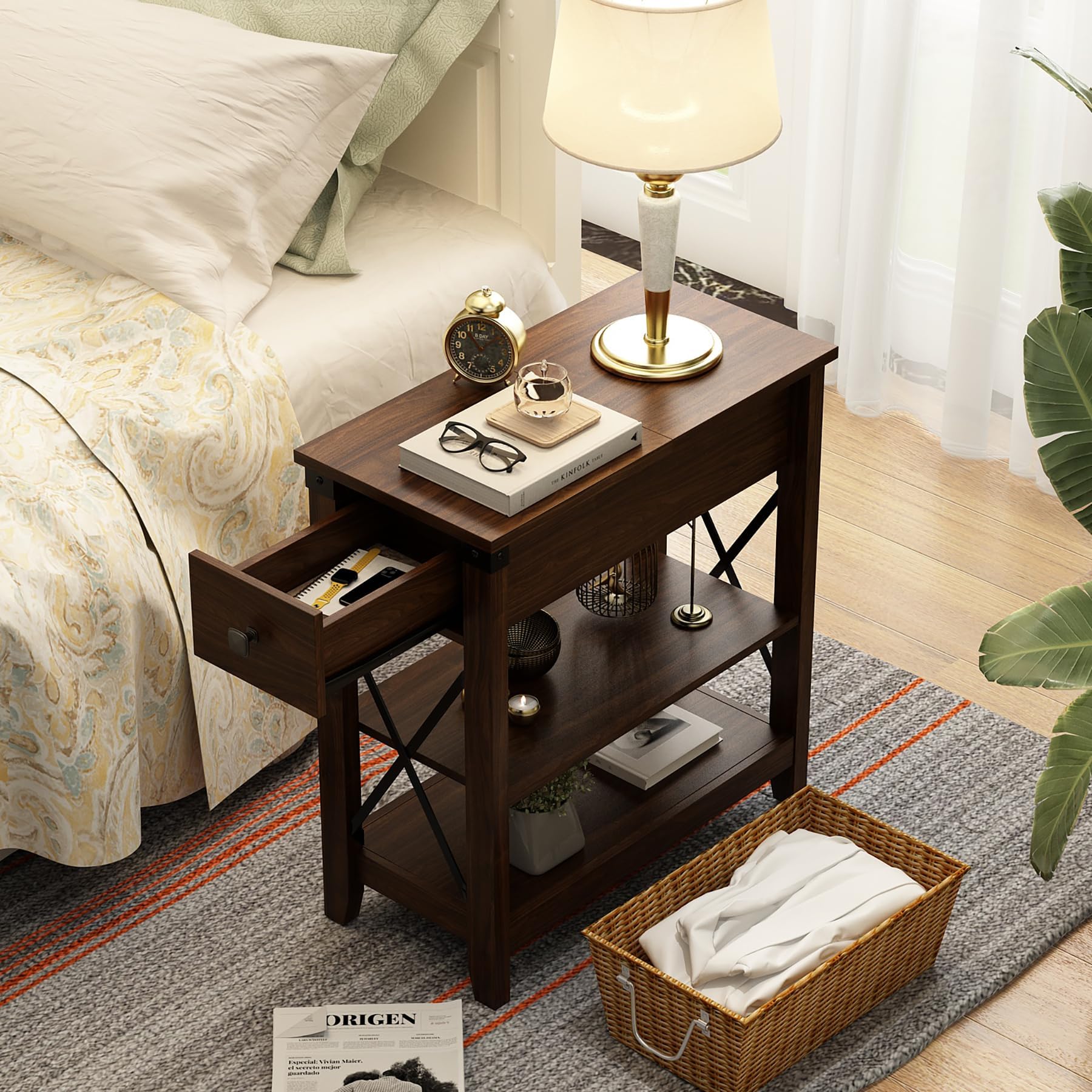 Set of 2 Narrow End Tables with Charging Station, USB Ports & Outlets, Farmhouse Slim Nightstands with Flip Top Drawer, Walnut Finish