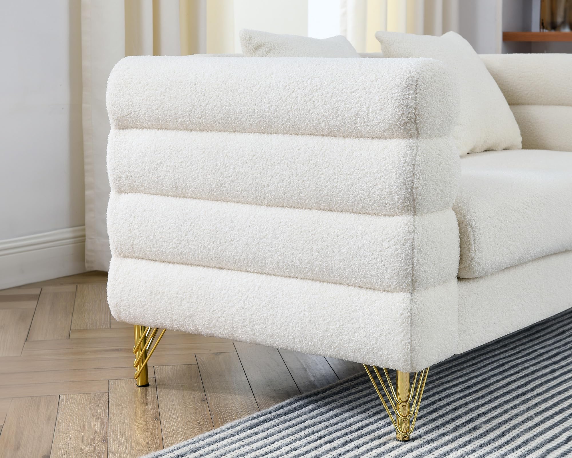 81" Modern Sofa Couch, Teddy Bouclé Oversized 3-Seater Loveseat with Deep Seats, Gold Legs & Pillows, for Living Room, Bedroom, White