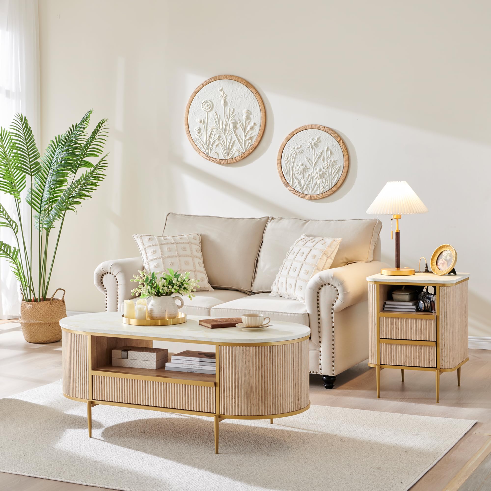 8" Modern Luxury Fluted Oval Coffee Table with Drawer, Faux Marble Top, Gold Metal Accent, Center Table for Living Room, Natural Oak