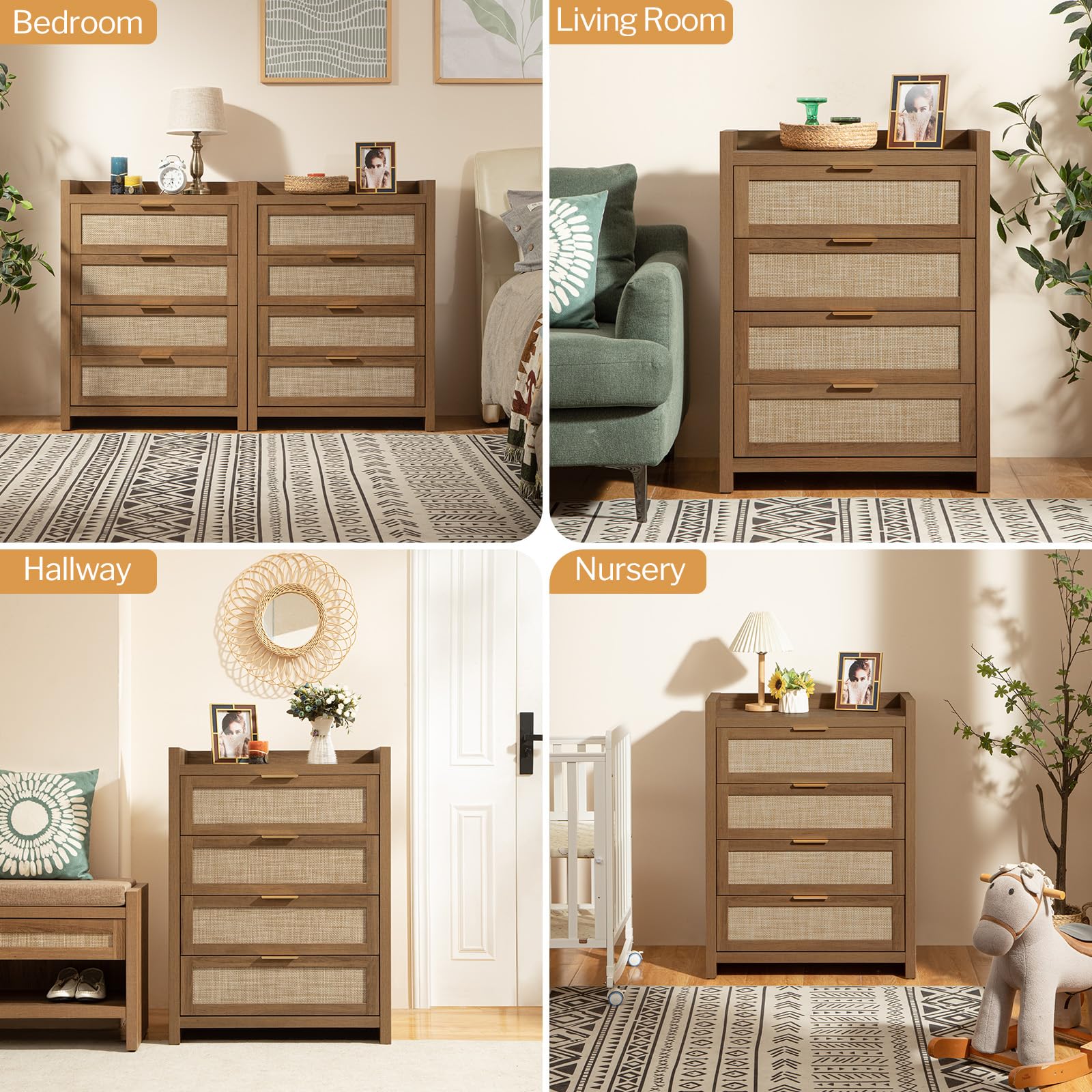 38" Tall Dresser for Bedroom, Boho Chest with 4 Rattan Drawers, Large Clothes Storage Cabinet for Closet, Entryway, Nursery, Living Room