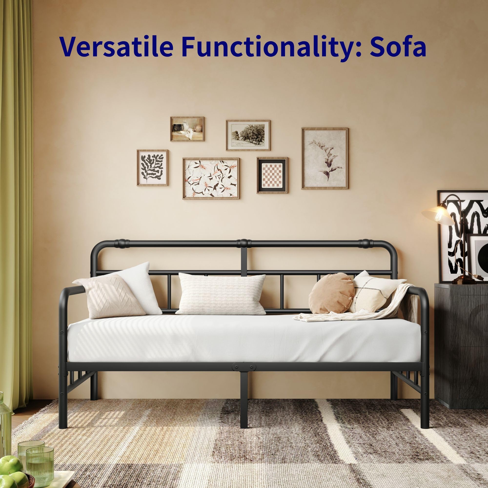 Twin Daybed Frame with Classic Headboard, Heavy-Duty Metal Sofa Bed with Steel Slats for Bedroom, Guest Room, Black