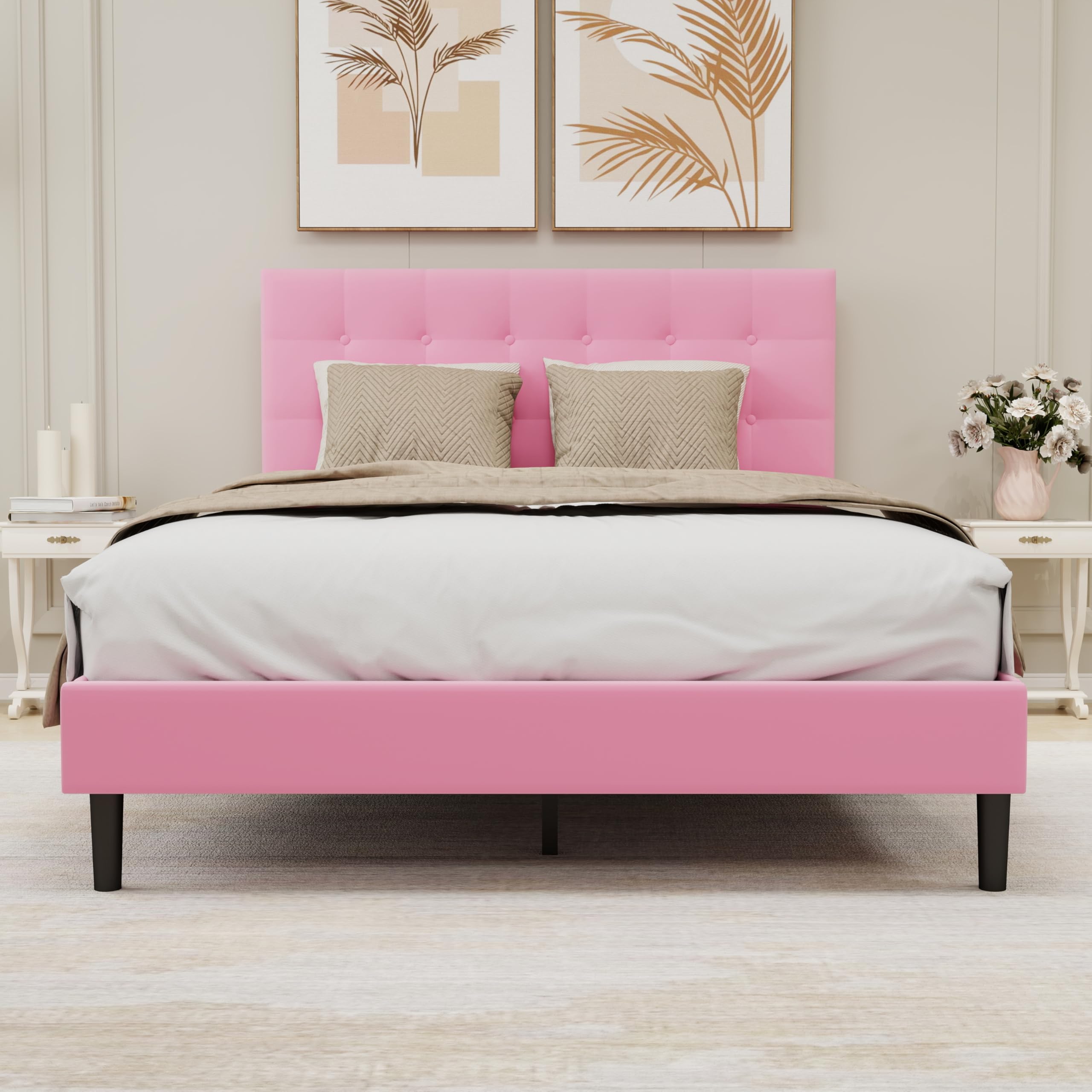 Upholstered Platform Bed Frame Full Size with Button Tufted Velvet Headboard Easy Assembly No Box Spring Needed Pink