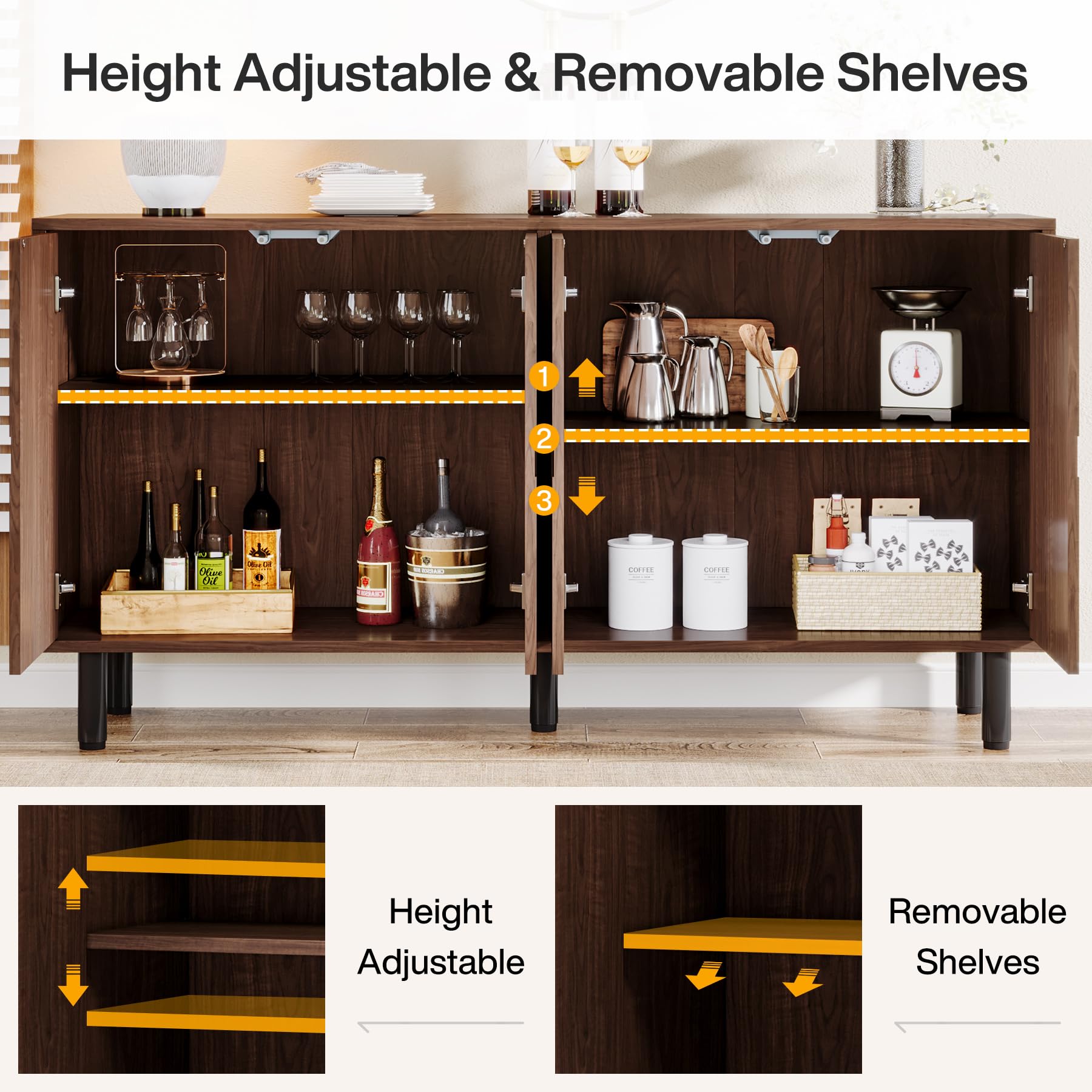 Sideboard Buffet Cabinet with Storage, 55" Mid-Century Modern Credenza Accent Storage Cabinet with 4 Doors and Adjustable Shelves for Dining