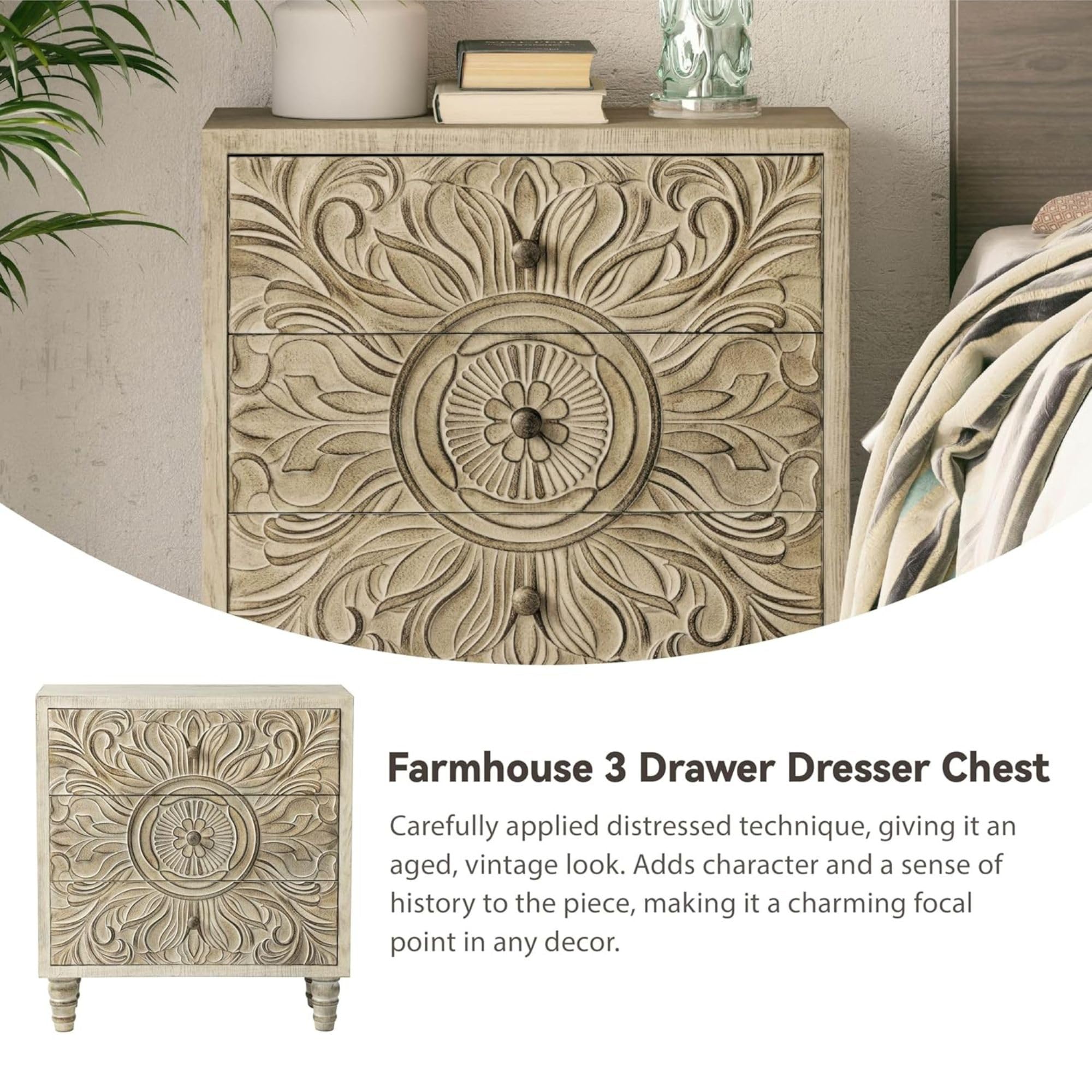 3 Drawer Dresser with Embossed Flower Motif Front, Distressed Boho Nightstand, Almost Fully Assembled, Rustic, French Country, Weathered White