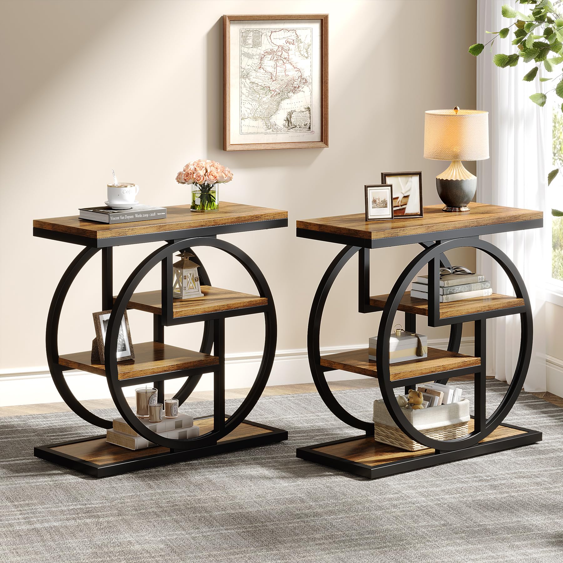Set of 2 End Tables, 4-Tier Narrow Side Tables with Storage Shelves, Rustic Brown Wood & Metal Frame for Sofa, Bedroom, Living Room