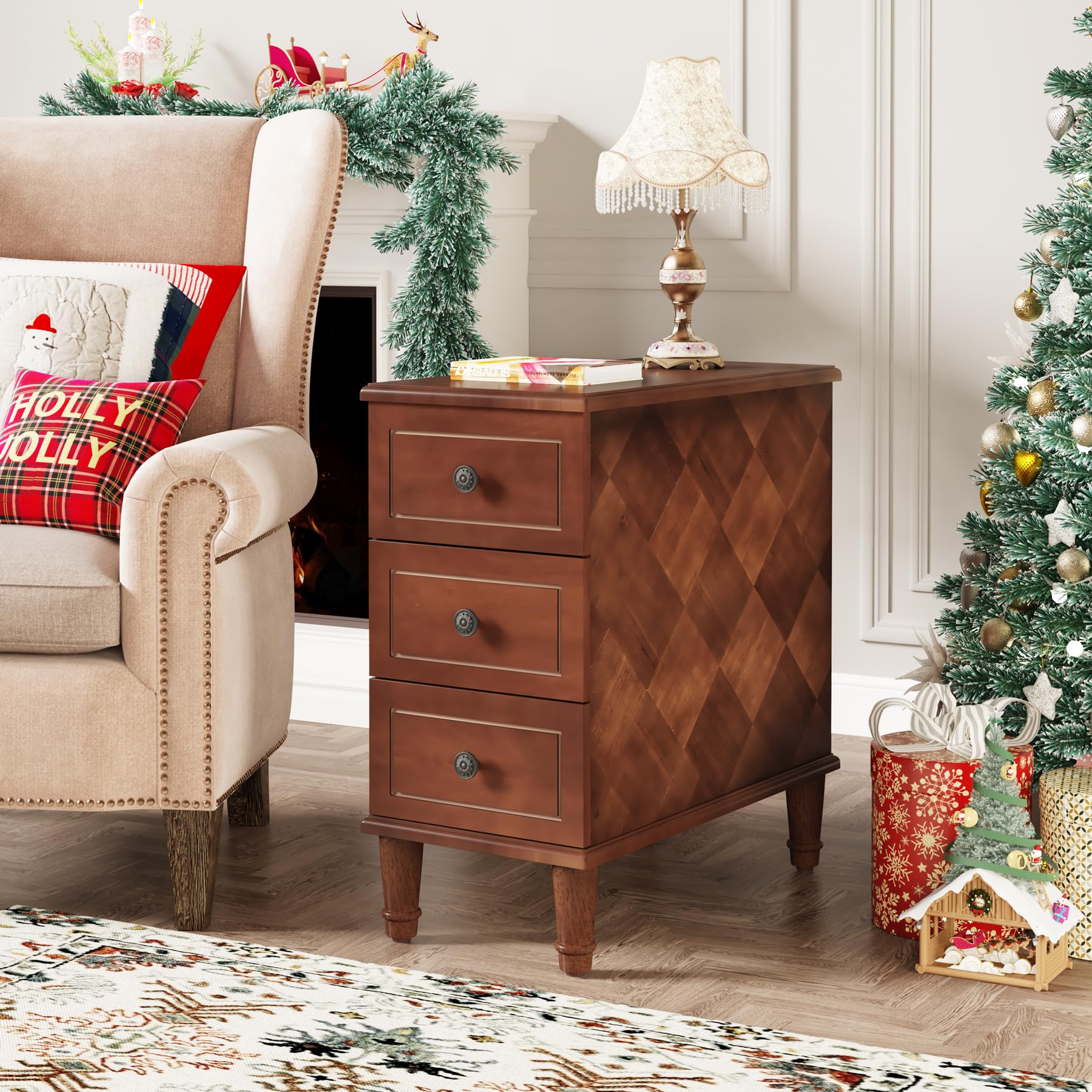 Solid Wood End Table, Fully Assembled Slim Side Table with Drawers, Narrow Nightstand for Small Spaces, Bedroom, Living Room, Brown