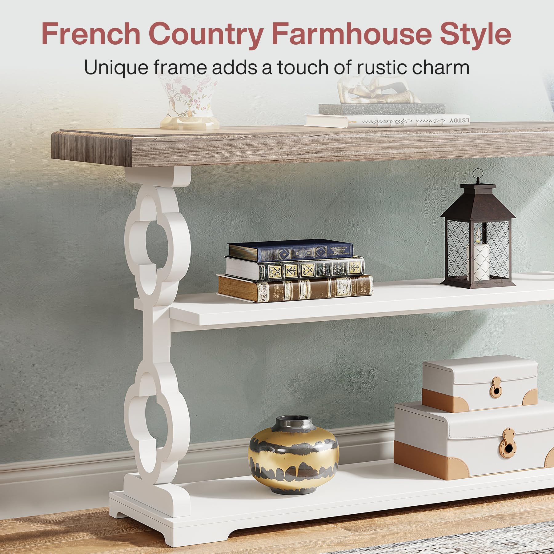 55" Farmhouse Console Table, 3-Tier Wood Sofa Table with Storage Shelves for Entryway, Hallway, Living Room, Grey & White