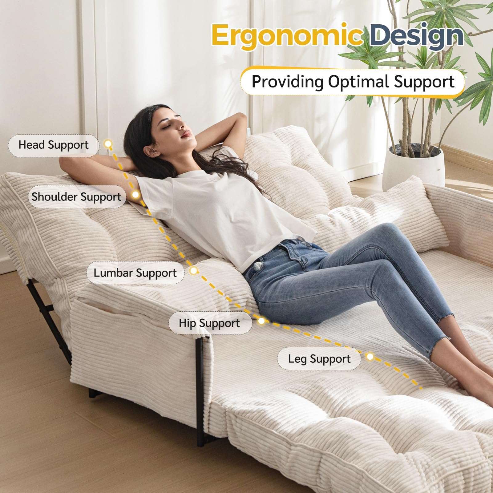 Adjustable Floor Sofa Couch with 2 Pillows, 5-Position Foldable Sleeper Bed, Lazy Bean Bag Sofa for Reading, Gaming, Beige, Double Size