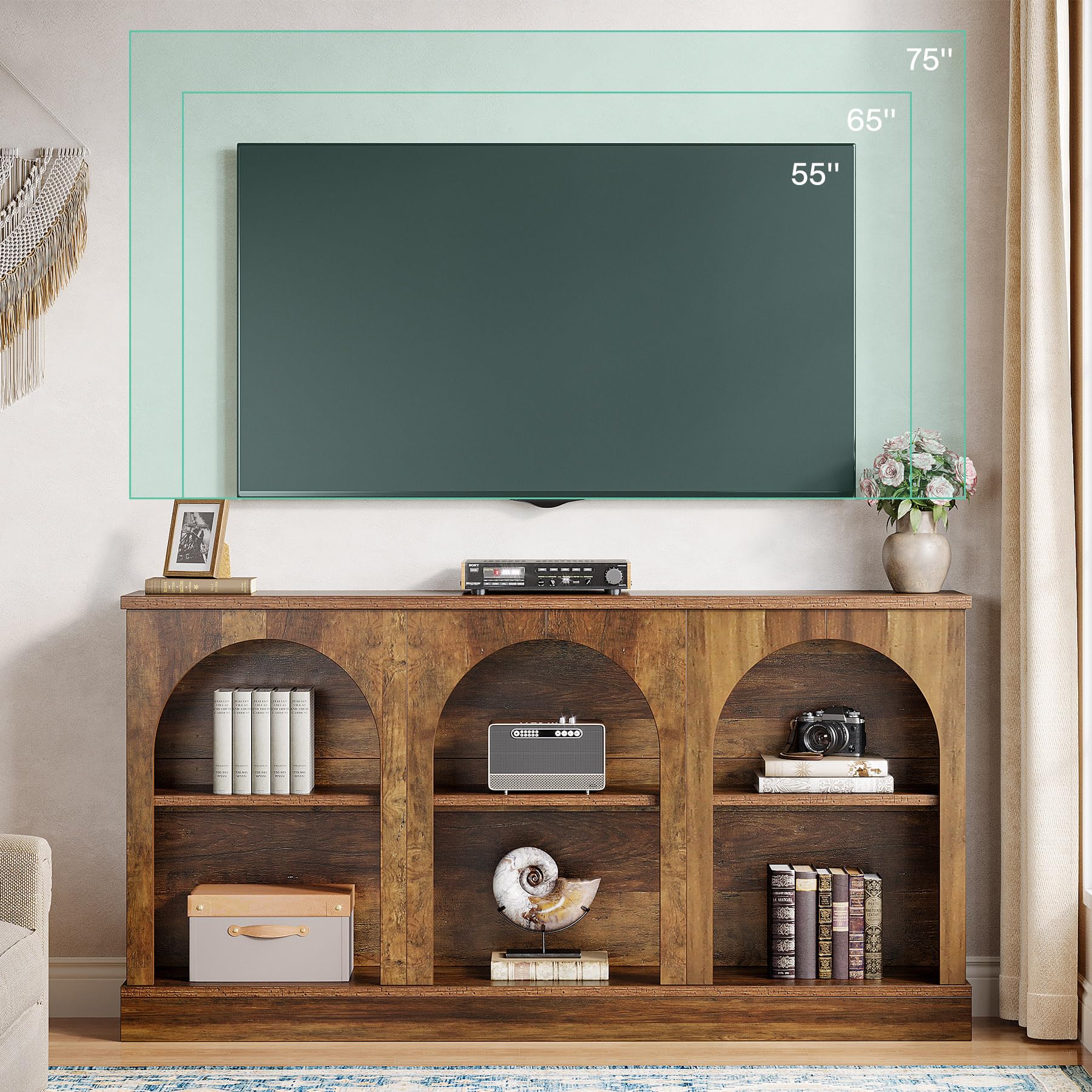 TV Consoles for Living Room, Television Stand for 55/60/65 Inch TV, Farmhouse Media Entertainment Center Stand with Storage Cabinets, Rustic Brown
