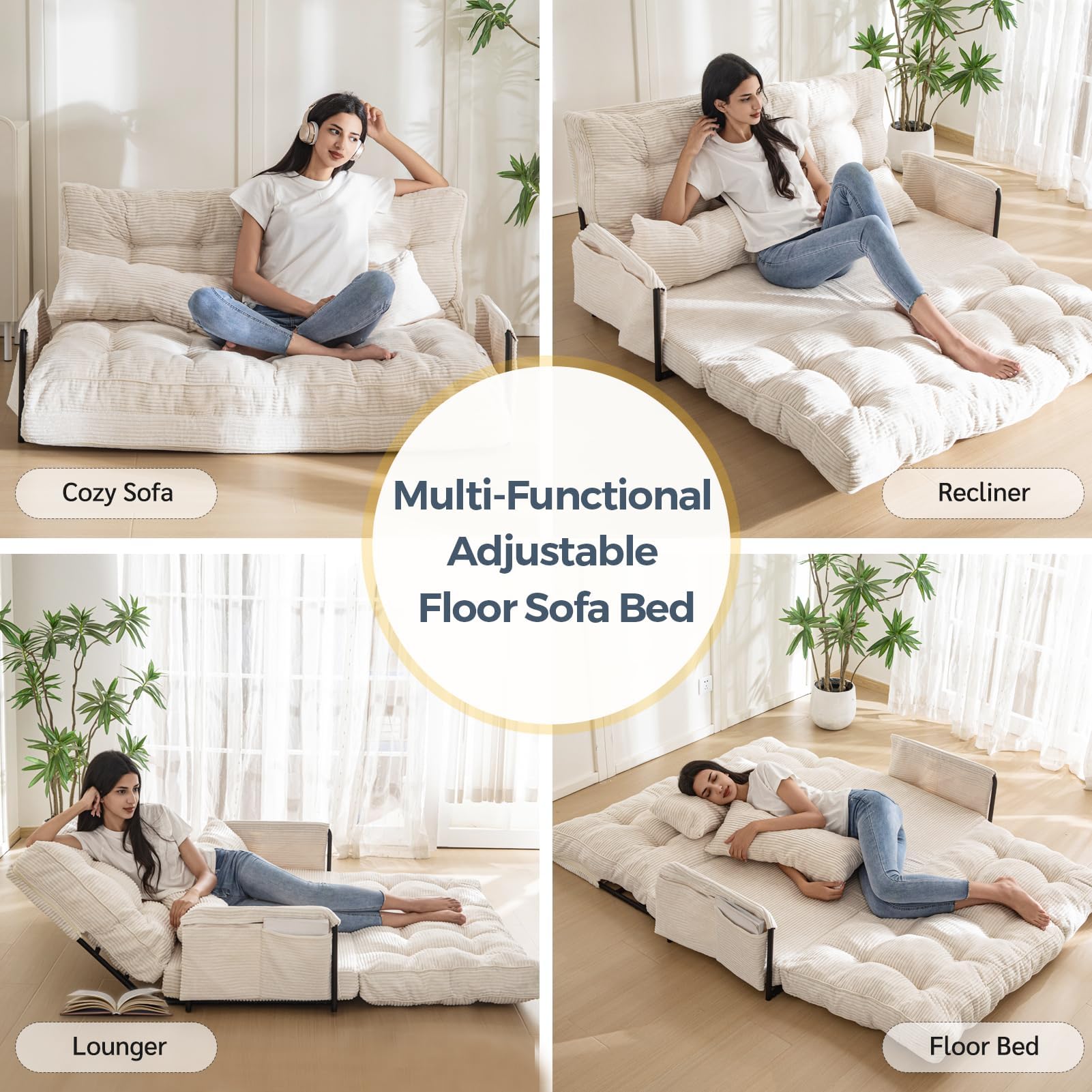 Adjustable Floor Sofa Couch with 2 Pillows, 5-Position Foldable Sleeper Bed, Lazy Bean Bag Sofa for Reading, Gaming, Beige, Double Size