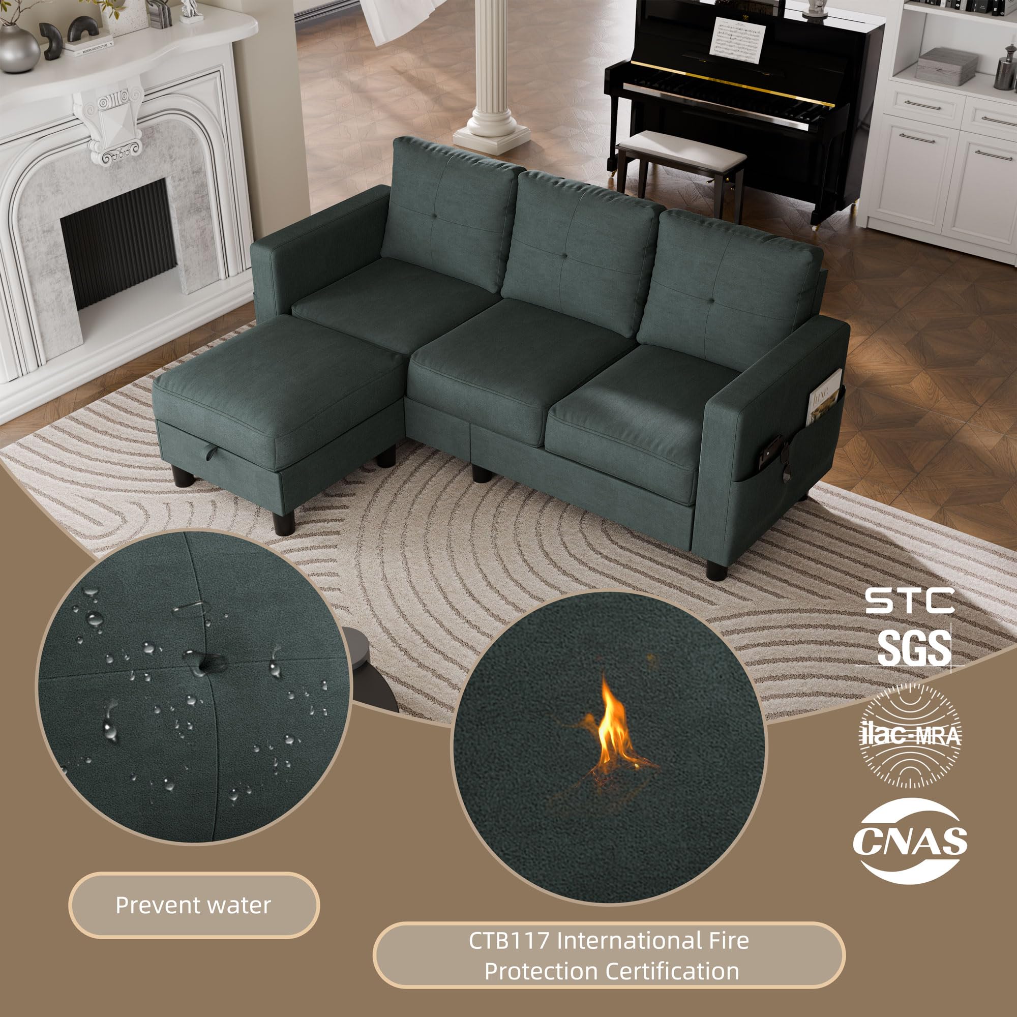 Convertible Sectional Couch, 3-Seat L-Shaped Sofa with Movable Ottoman, Polyester Fabric Sofa for Living Room, Apartment, Office, Dark Green