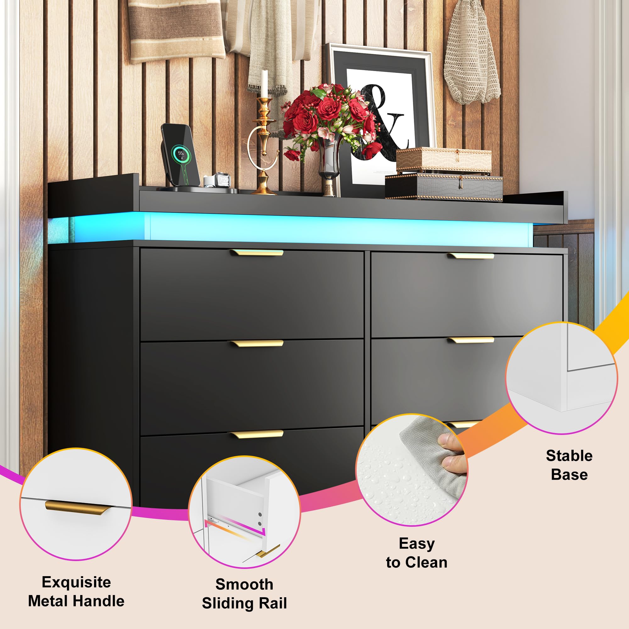 6-Drawer Black Dresser with LED Lights & Power Outlet, Modern Chest of Drawers for Bedroom, Closet, Living Room, Entryway, Hallway