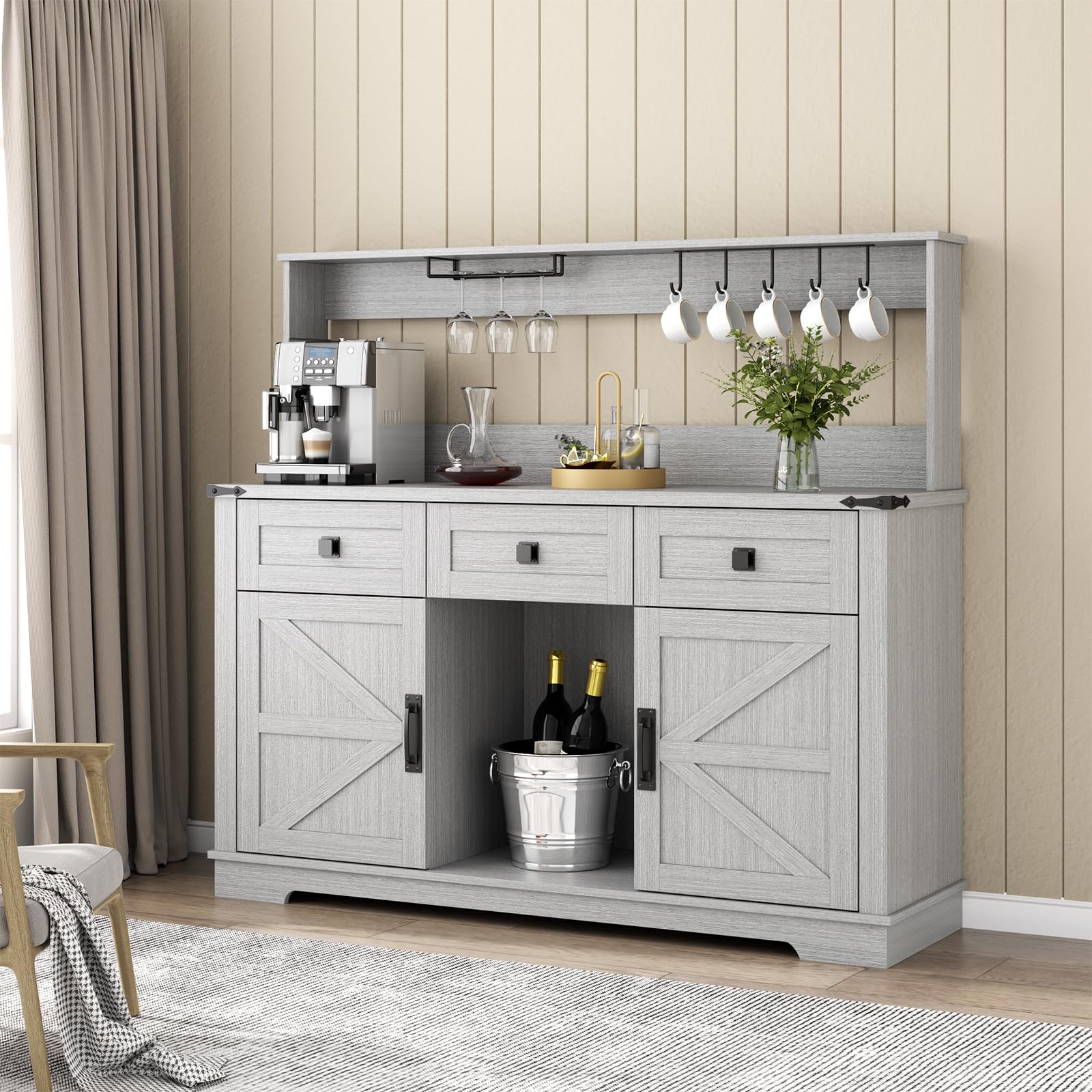 Farmhouse Bar Cabinet with Hutch, Kitchen Buffet Cabinet with Storage Cabinet & 3 Sliding Drawers, Adjustable Shelf, Goblet Holder, Cup