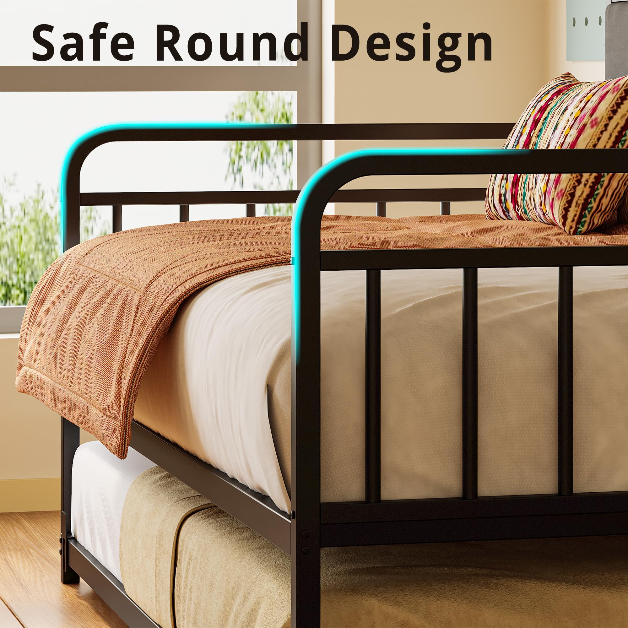 Twin XL Daybed with Trundle, Sturdy Metal Frame with Upholstered Headboard & Charging Station, Sofa Bed for Bedroom, Guest Room, Black