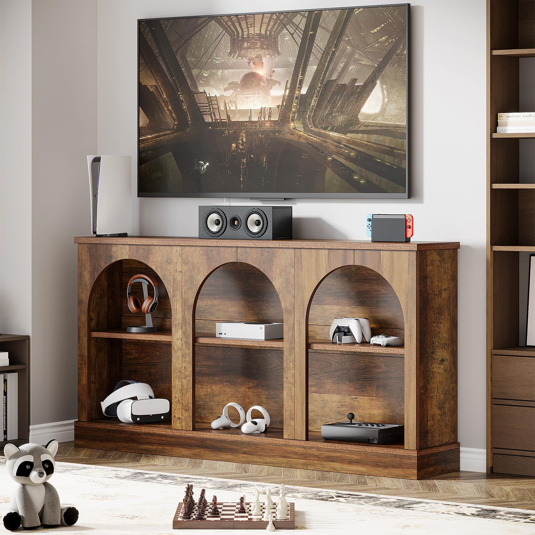 TV Consoles for Living Room, Television Stand for 55/60/65 Inch TV, Farmhouse Media Entertainment Center Stand with Storage Cabinets, Rustic Brown