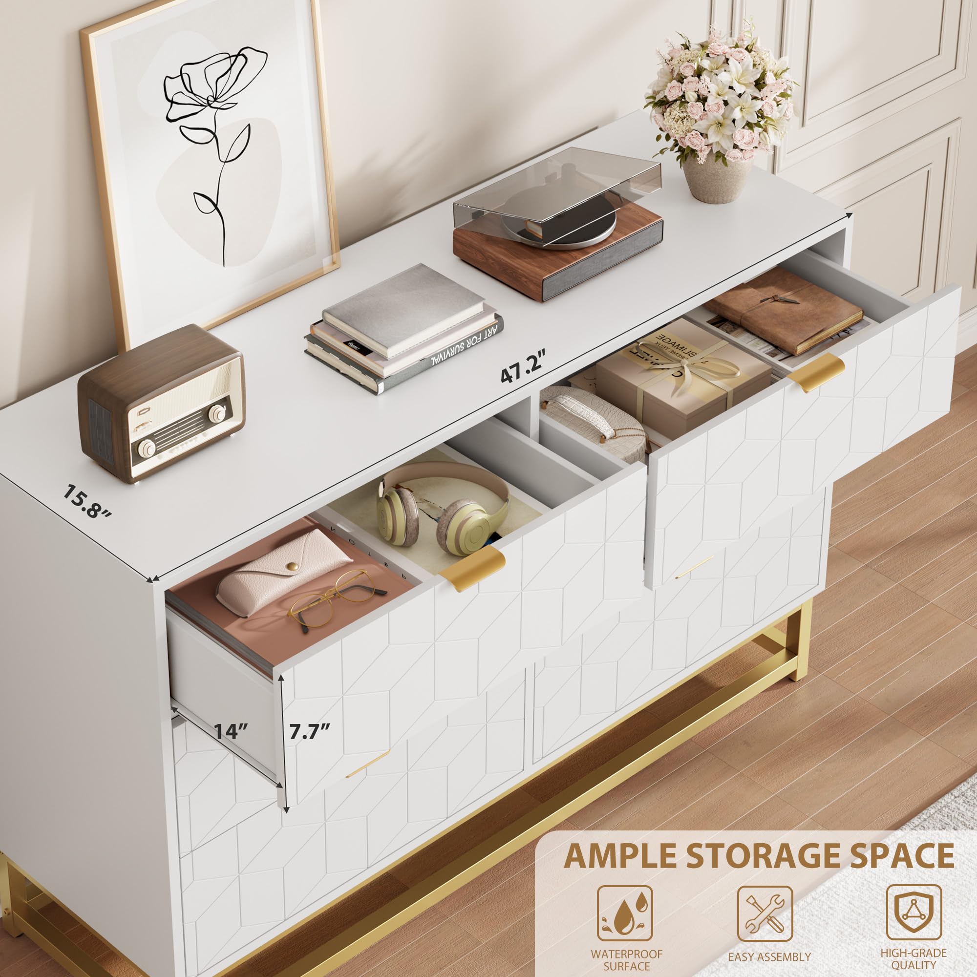 Modern White 6 Drawer Double Dresser with Gold Handles, Long Storage Chest for Bedroom, Closet, TV Stand, Entryway, Living Room