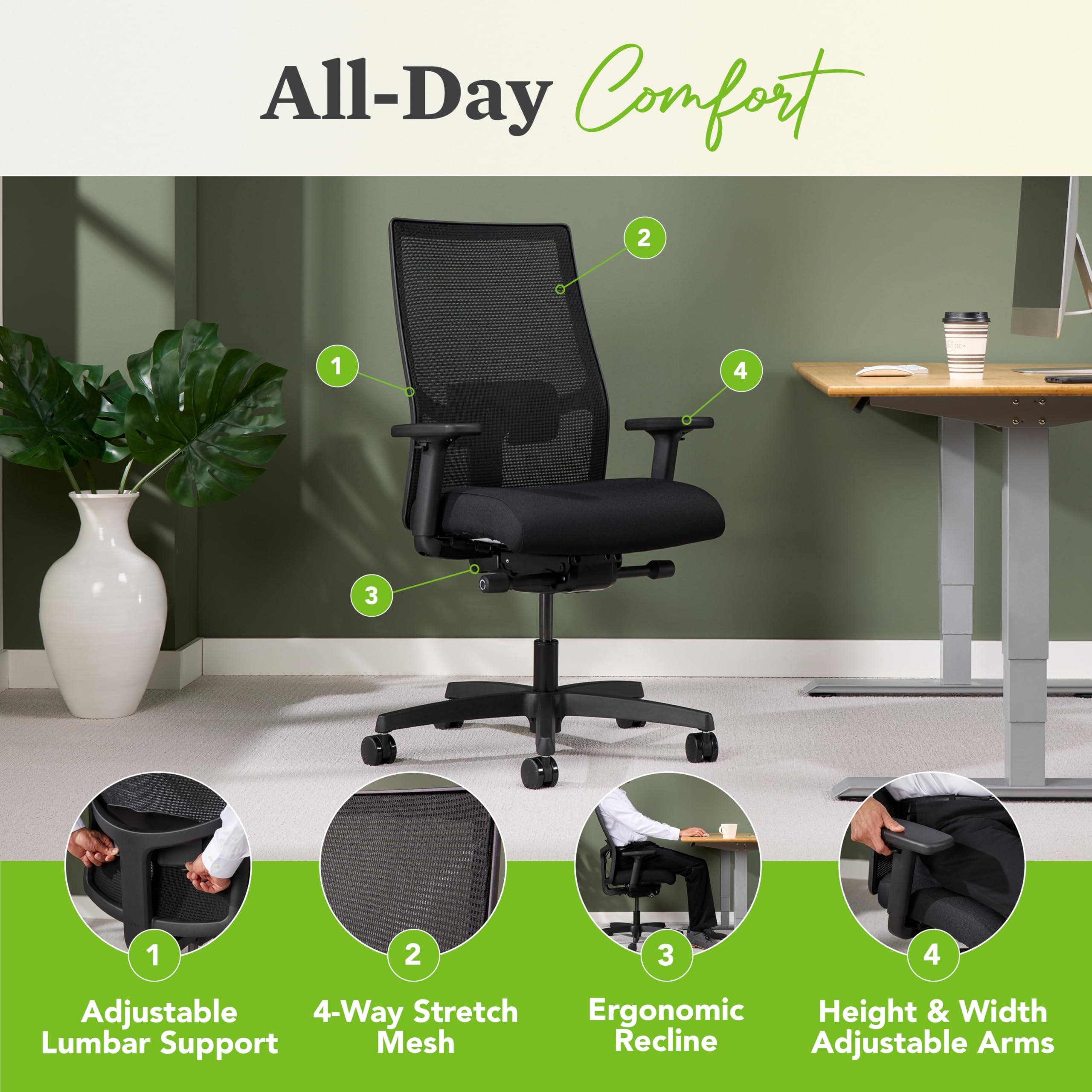 Ignition 2.0 Ergonomic Office Chair, Adjustable Tilt, Swivel Wheels, Comfy for Long Hours, Home Office Desk Chairs, Black