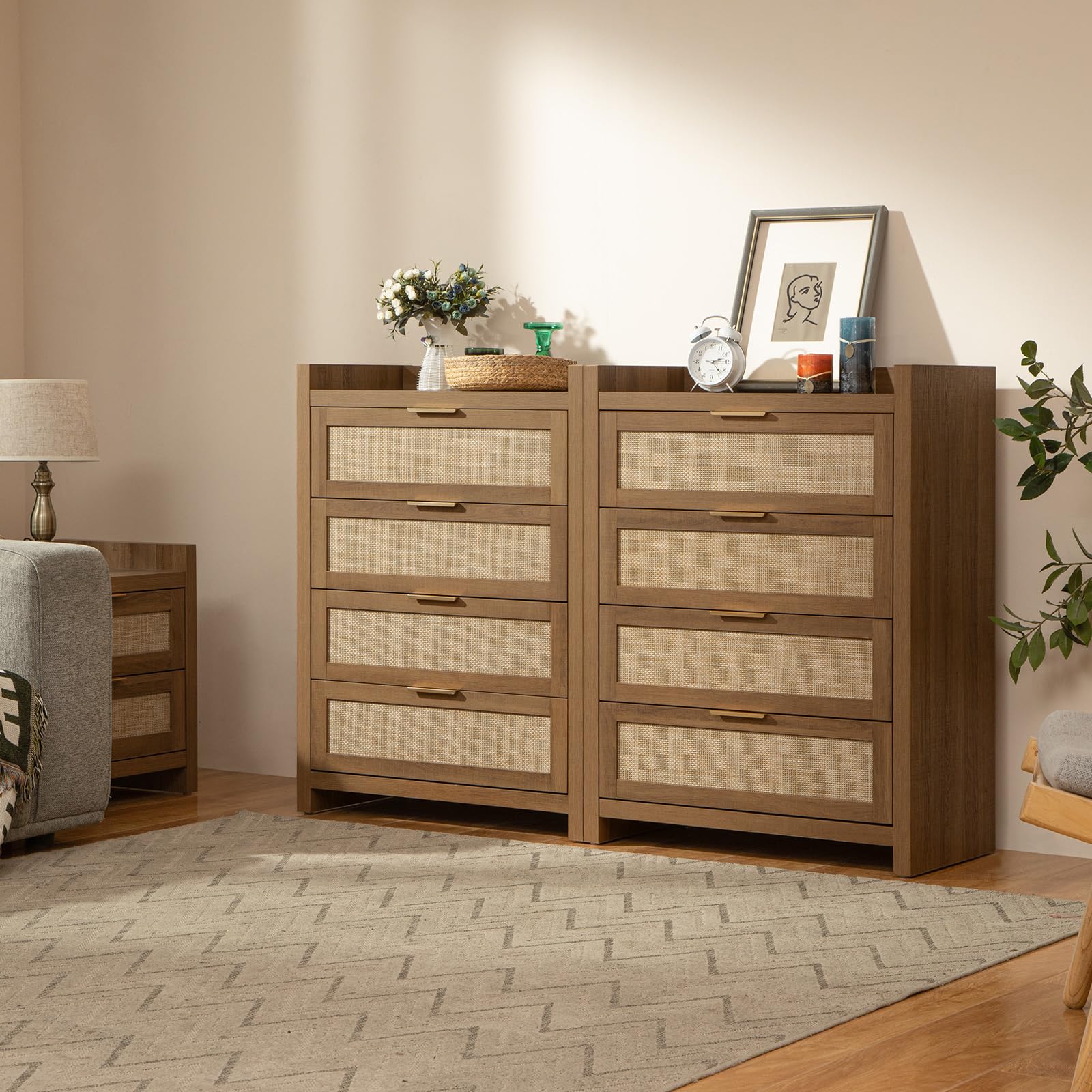 38" Tall Dresser for Bedroom, Boho Chest with 4 Rattan Drawers, Large Clothes Storage Cabinet for Closet, Entryway, Nursery, Living Room