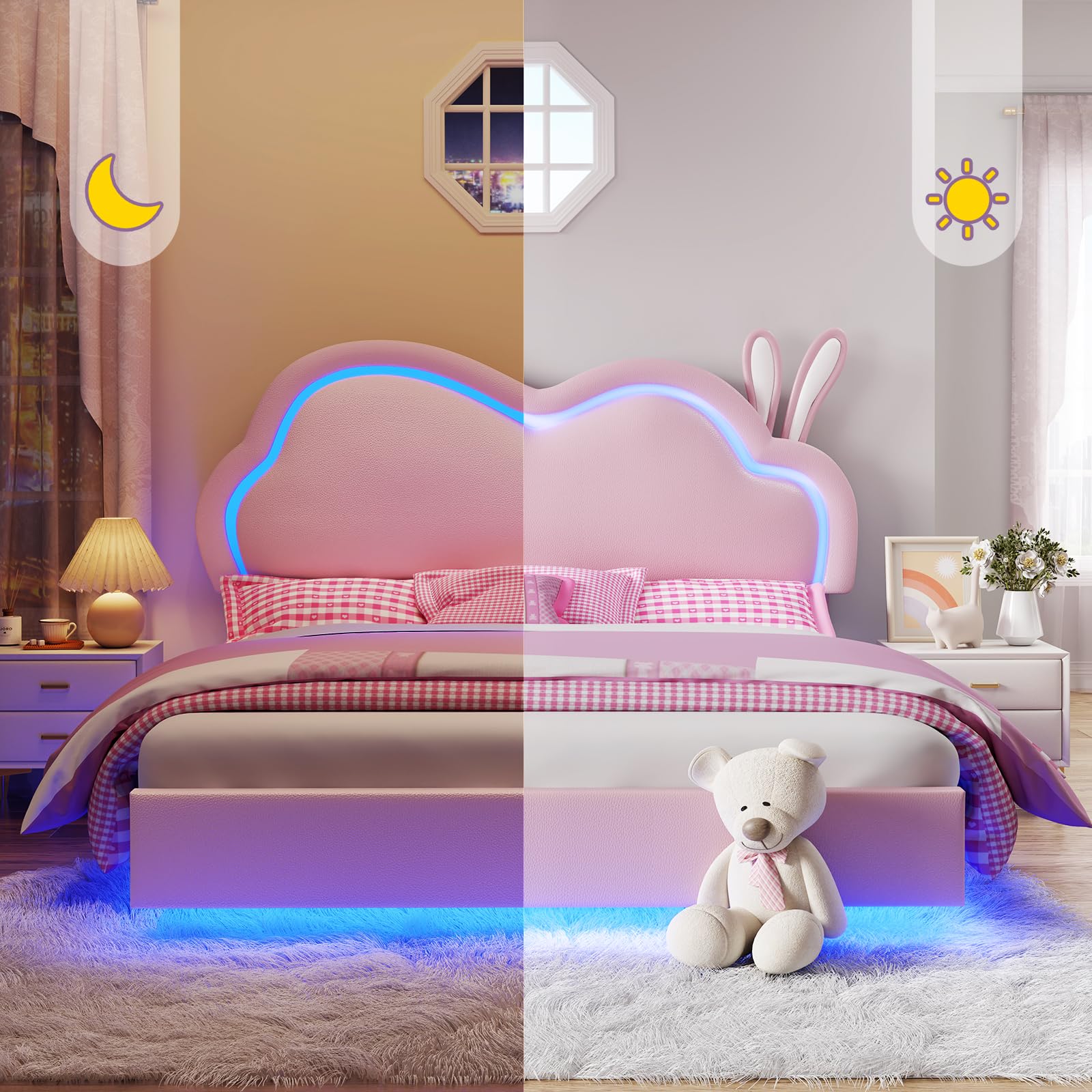 LED Full Bed Frame for Girls Upholstered Floating Bed with Cute Cloud Headboard, No Box Spring Needed, Leather, Pink