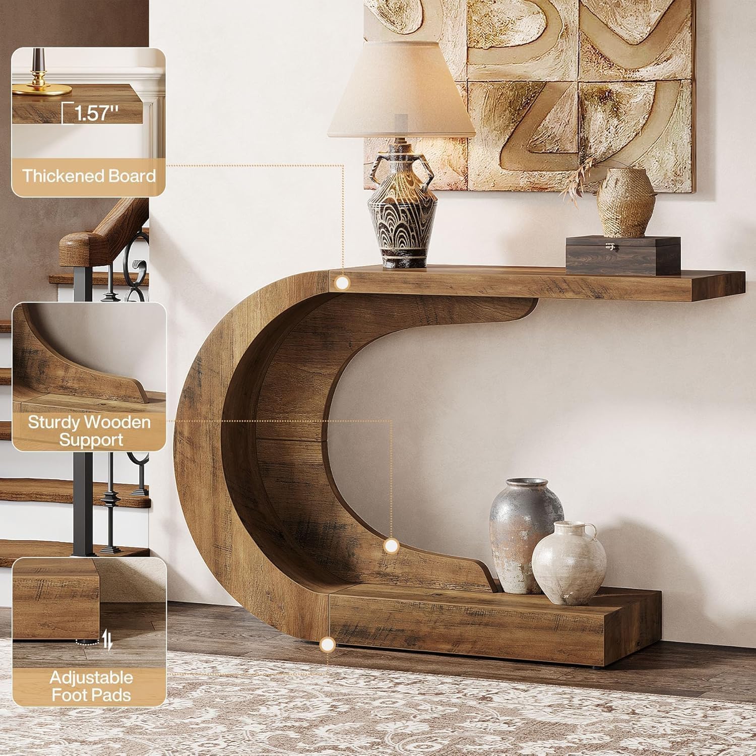 43.3" Mid-Century Modern Console Table for Entryway, Wood C-Shaped Hallway Entry Accent Table for Living Room, Entrance, Foyer, Easy Assembly, Brown