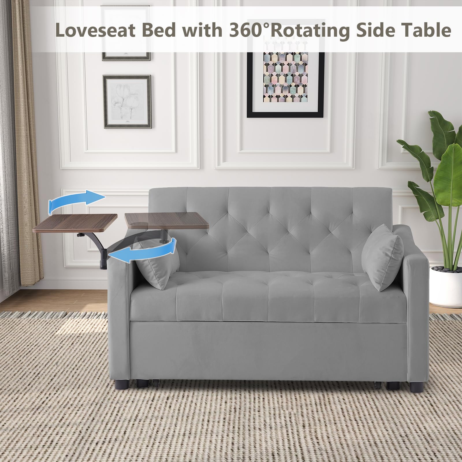 3-in-1 Convertible Loveseat Sleeper Sofa Bed, Pull-Out Couch with 3-Position Backrest & 360° Swivel Side Table, for Small Spaces, Grey