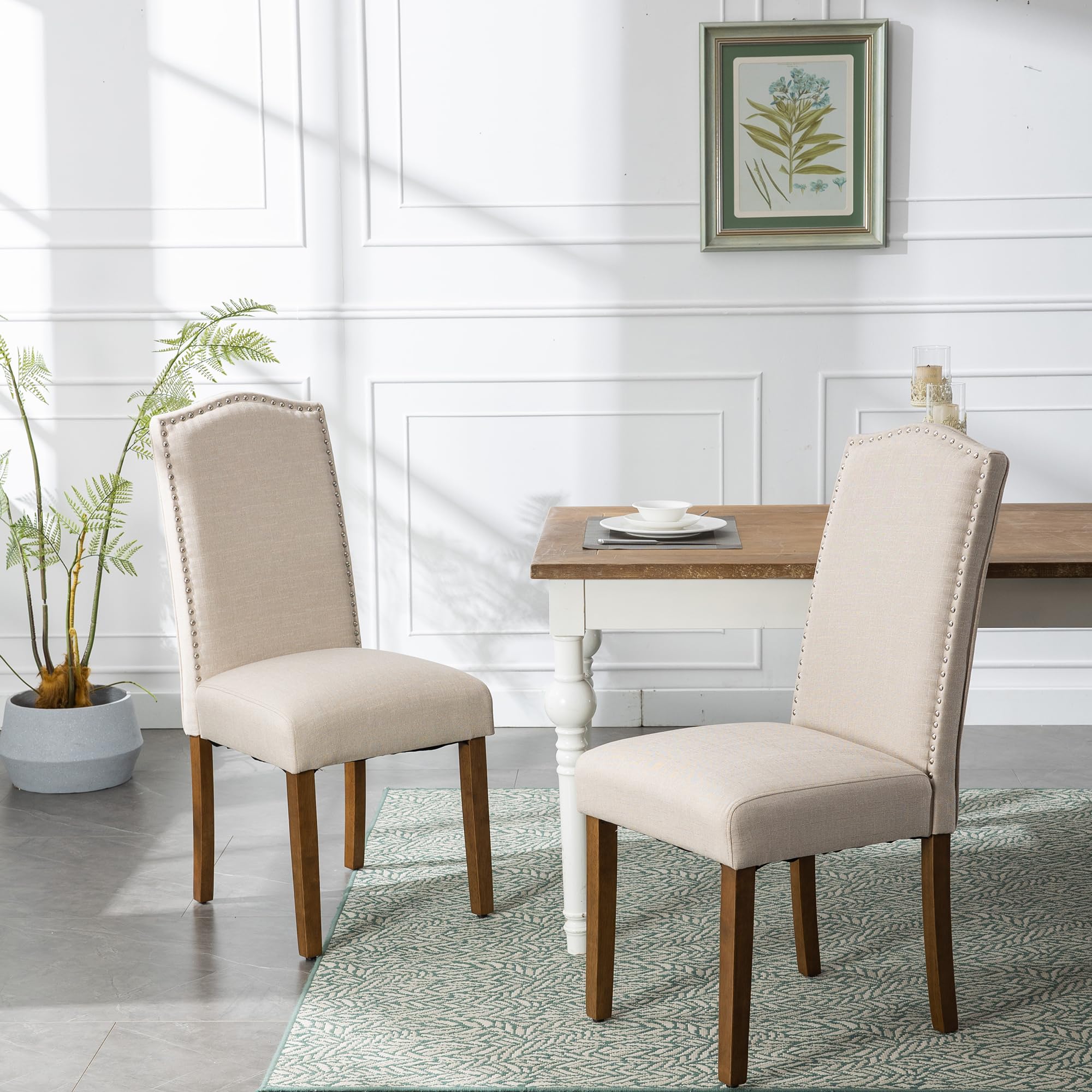 Stylish Upholstered Parsons Dining Chair Kitchen with Silver Nailhead Trim and Sturdy Solid Wood Legs