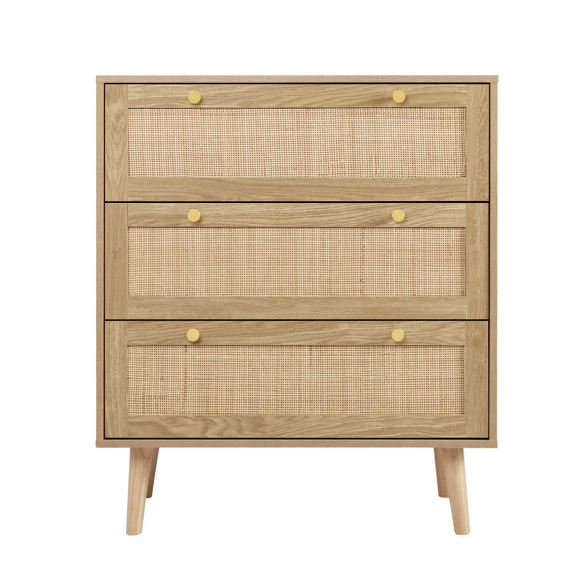 3 Drawer Dresser for Bedroom, Rattan Dresser Modern Wood Chest of Drawers with Spacious Storage for Bedroom Hallway Living Room, Rustic Oak, H0027