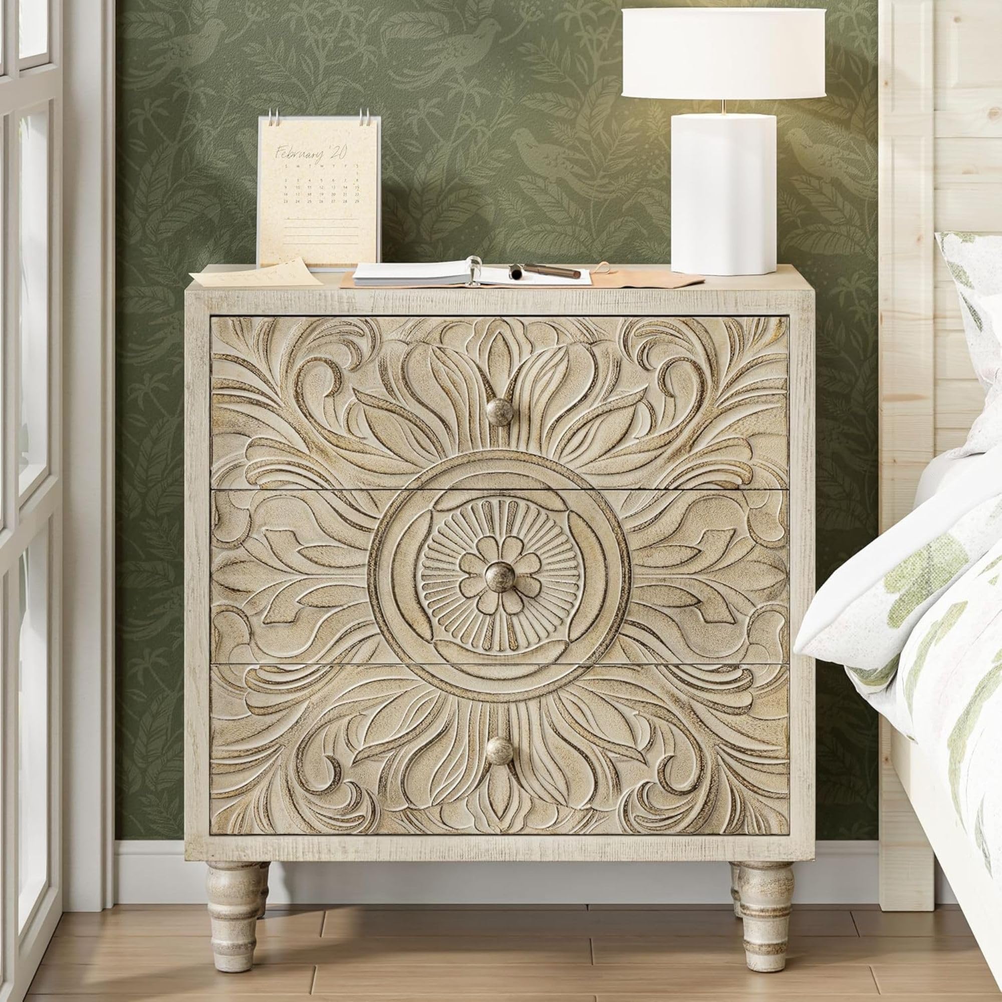 3 Drawer Dresser with Embossed Flower Motif Front, Distressed Boho Nightstand, Almost Fully Assembled, Rustic, French Country, Weathered White