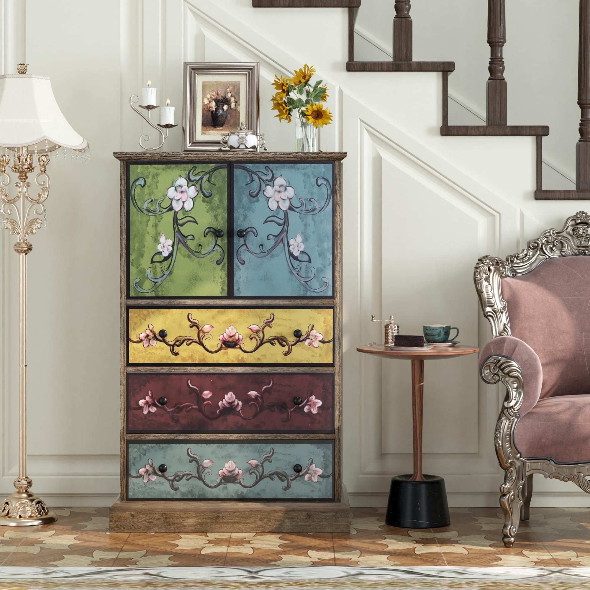 Wood Chest of Drawers, Tall Boho Dresser with Drawers and Doors, 16.1D x 23.6W 42.3H Inch Wood Accent Dresser for Home Office