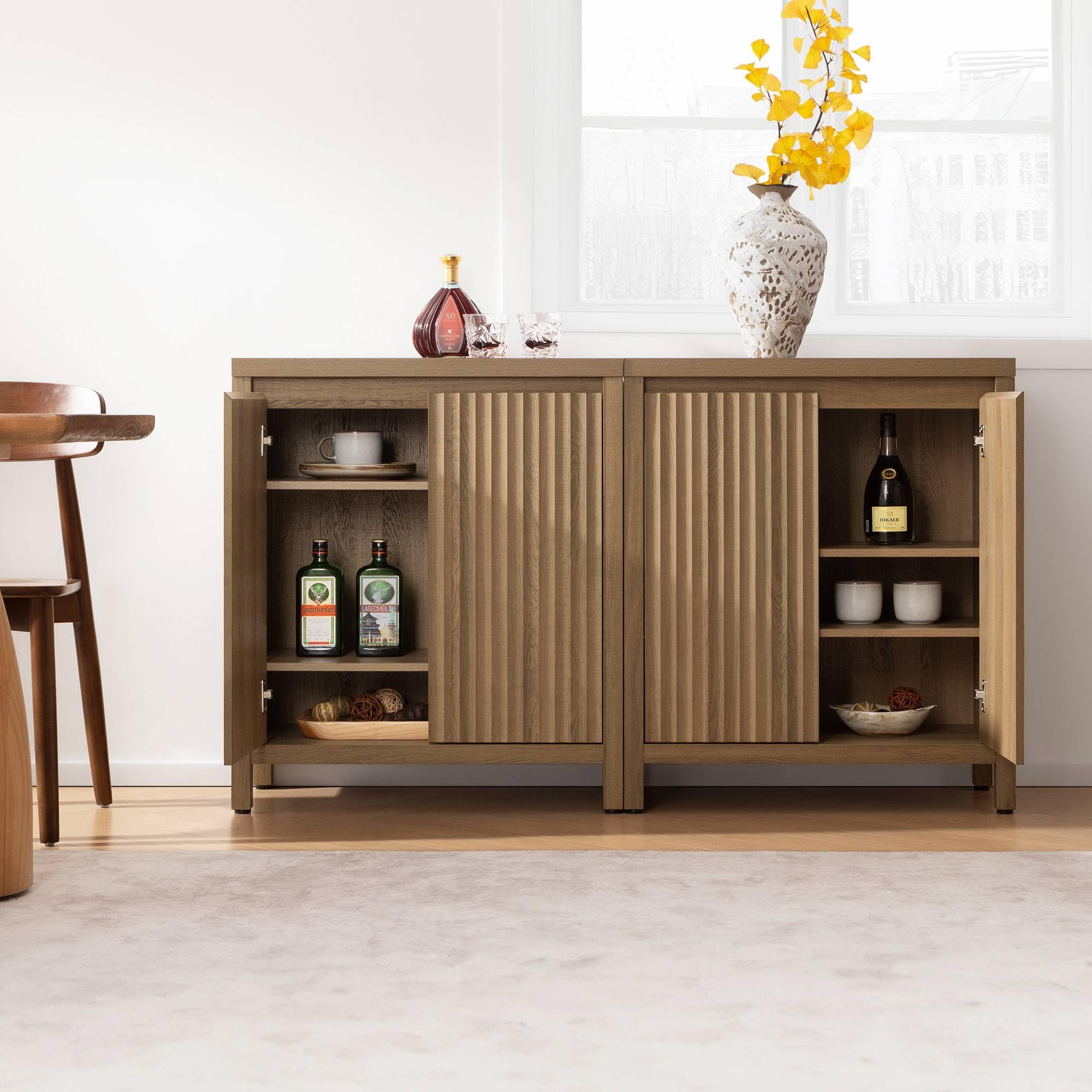 Sideboard Buffet Cabinet with Storage, Fluted Credenza Console Cabinet with Adjustable Shelves, Farmhouse Coffee Bar Storage Cabinets