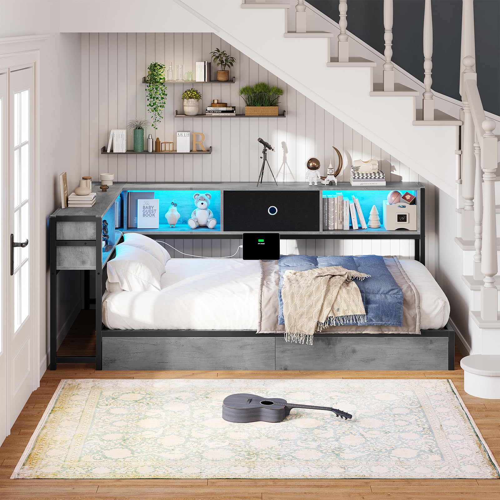 Corner Twin Bed Frame with Storage Bookcase, LED Light & Charging Station – Modern Daybed with Drawers for Kids, Black & Gray