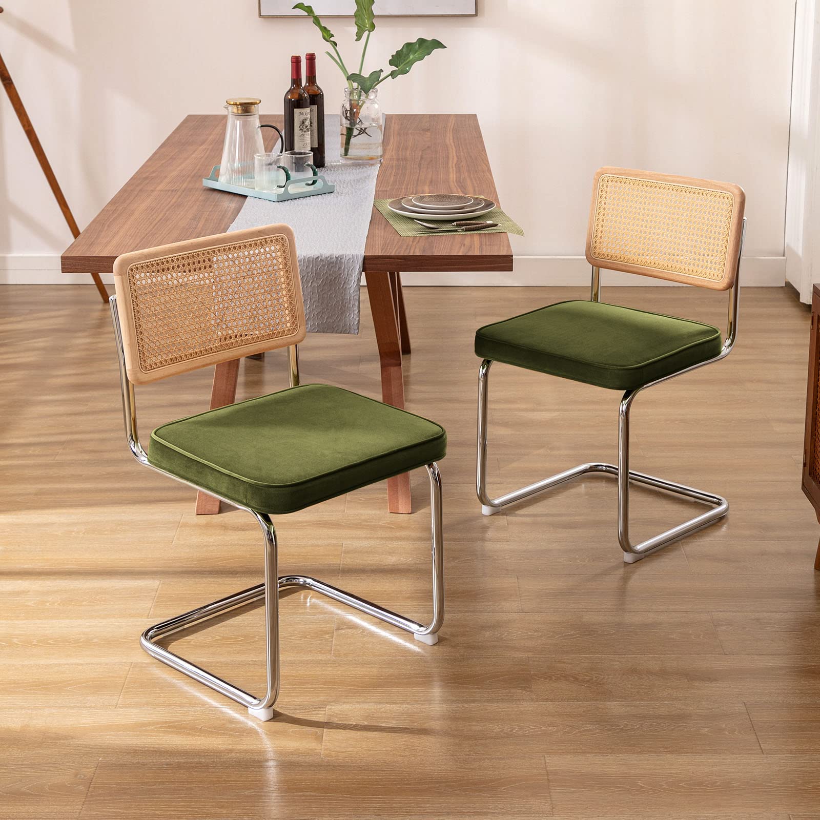 Natural Rattan Dining Chairs Set of 2, Modern Boho Kitchen Chairs with Solid Wood Back & Chrome Base, Mid Century Breuer Design Inspired