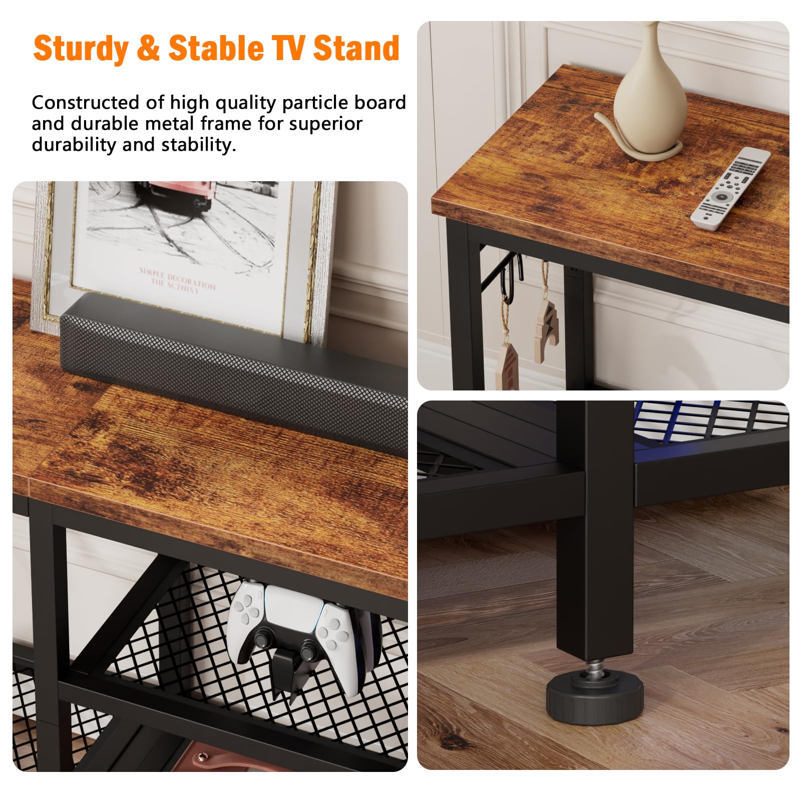TV Stand for TVs up to 55", Entertainment Center with Open Storage Shelves & Soundbar Shelf, Media Console Table for Living Room, Bedroom, Rustic Brown