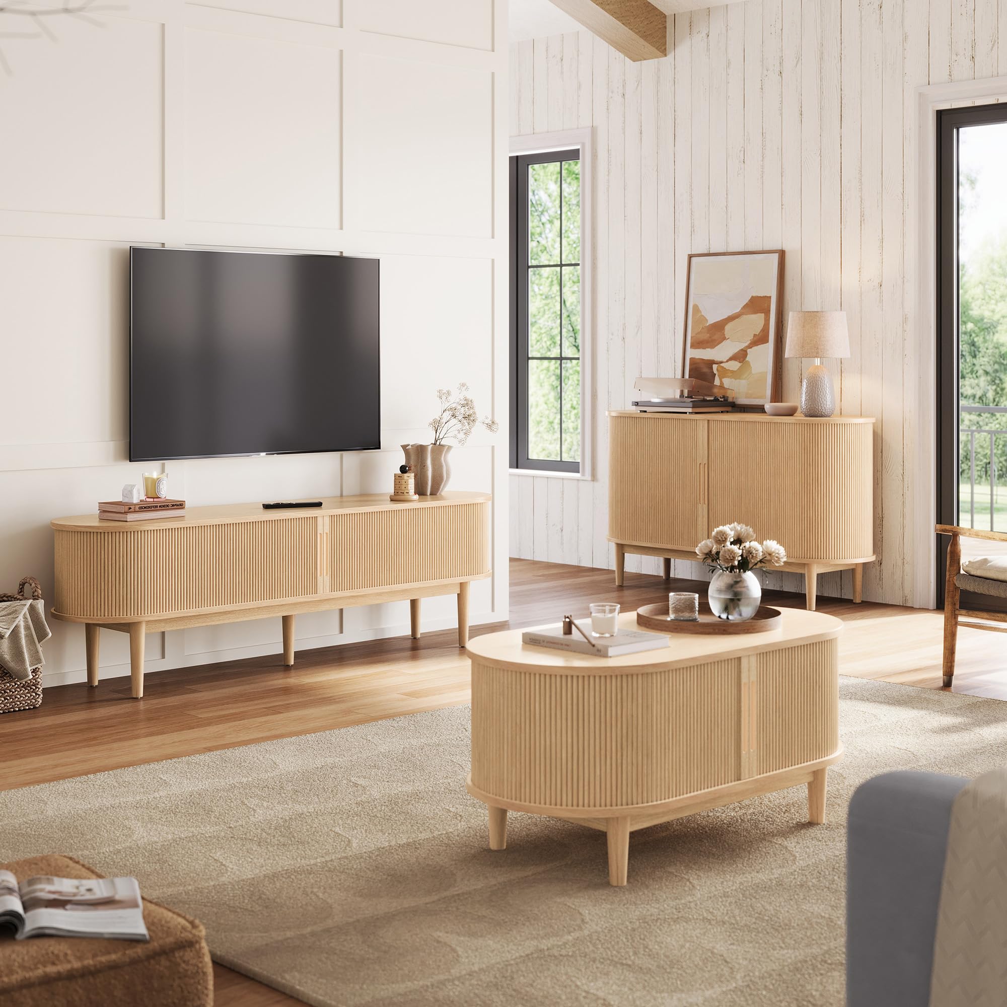 Fluted TV Stand for 75" TV, Mid-Century Modern 70" Entertainment Center with Sliding Tambour Door & Storage Cabinet, Curved Media Console, Oak