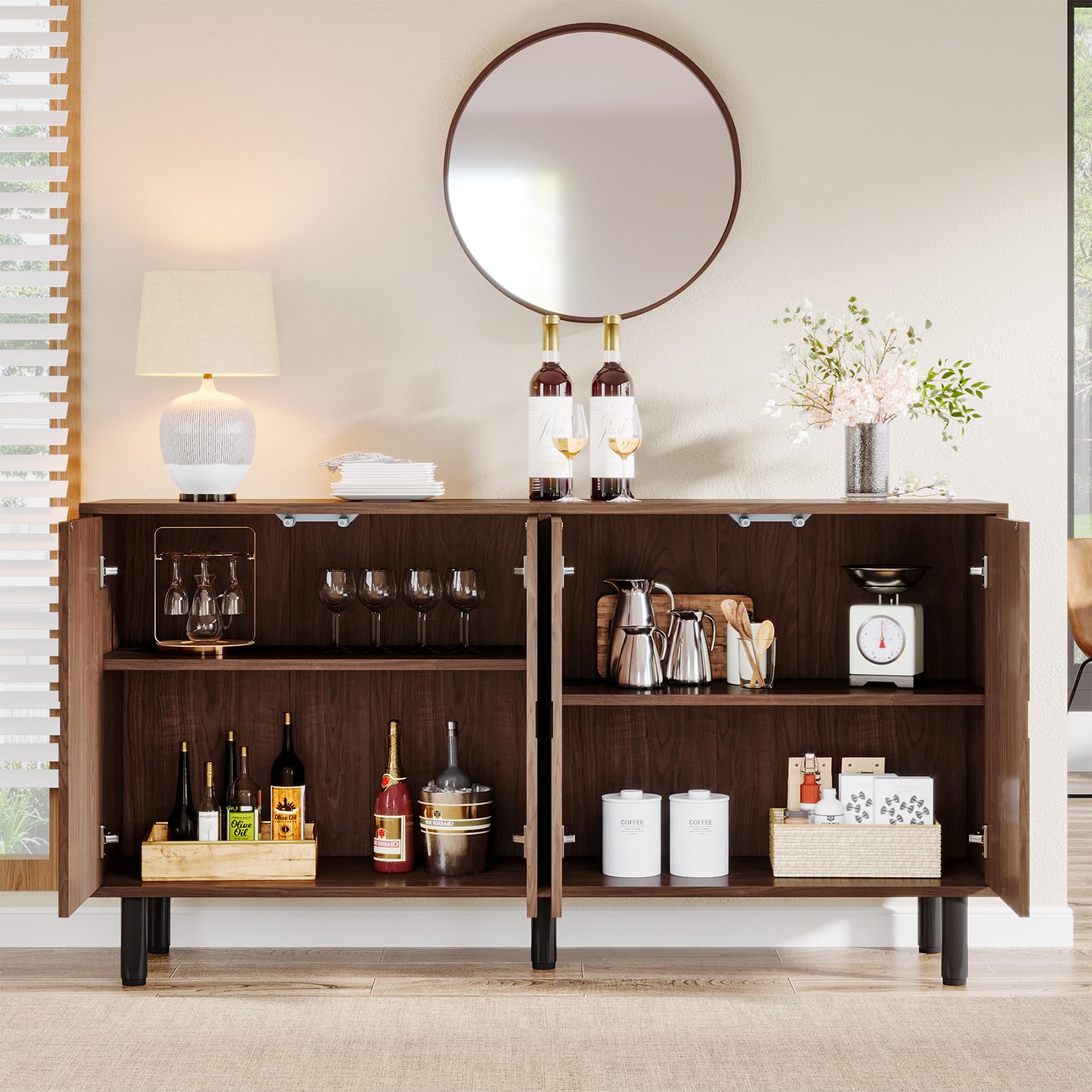 Sideboard Buffet Cabinet with Storage, 55" Mid-Century Modern Credenza Accent Storage Cabinet with 4 Doors and Adjustable Shelves for Dining