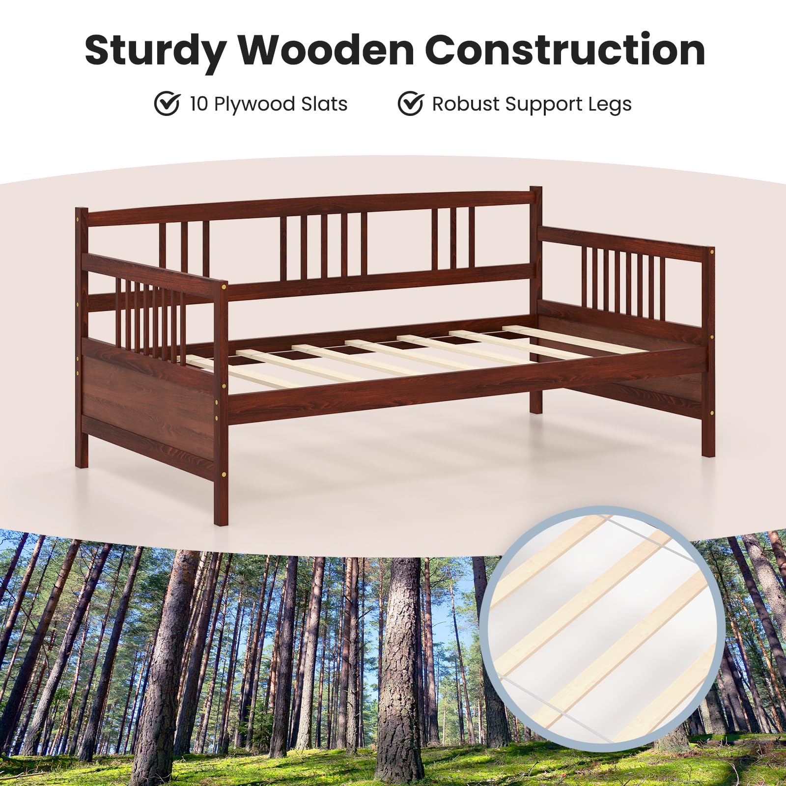 Twin Daybed Frame, Wooden Sofa Bed with Rails & Slat Support, Dual-Use Platform Bed for Bedroom or Living Room, No Box Spring Needed, Cherry